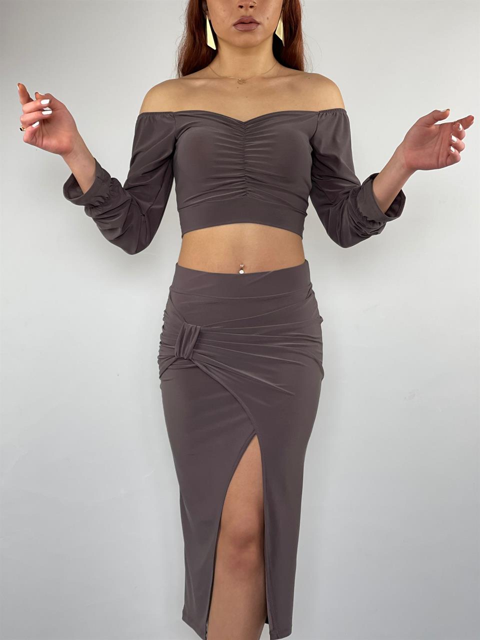 Sandy Kumaş Midi Etekli  Boğum Detay Tasarım İkili Takım