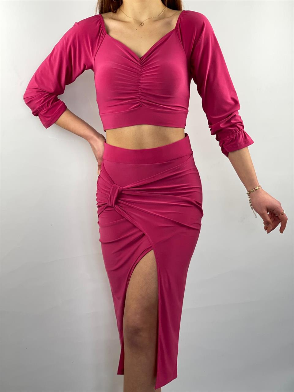 Sandy Kumaş Midi Etekli  Boğum Detay Tasarım İkili Takım