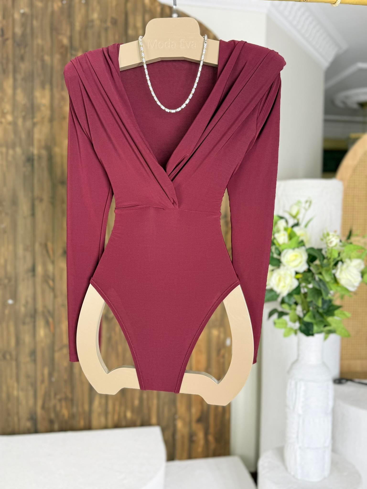 Sandy Kumaş Vatkalı Bodysuit Bordo