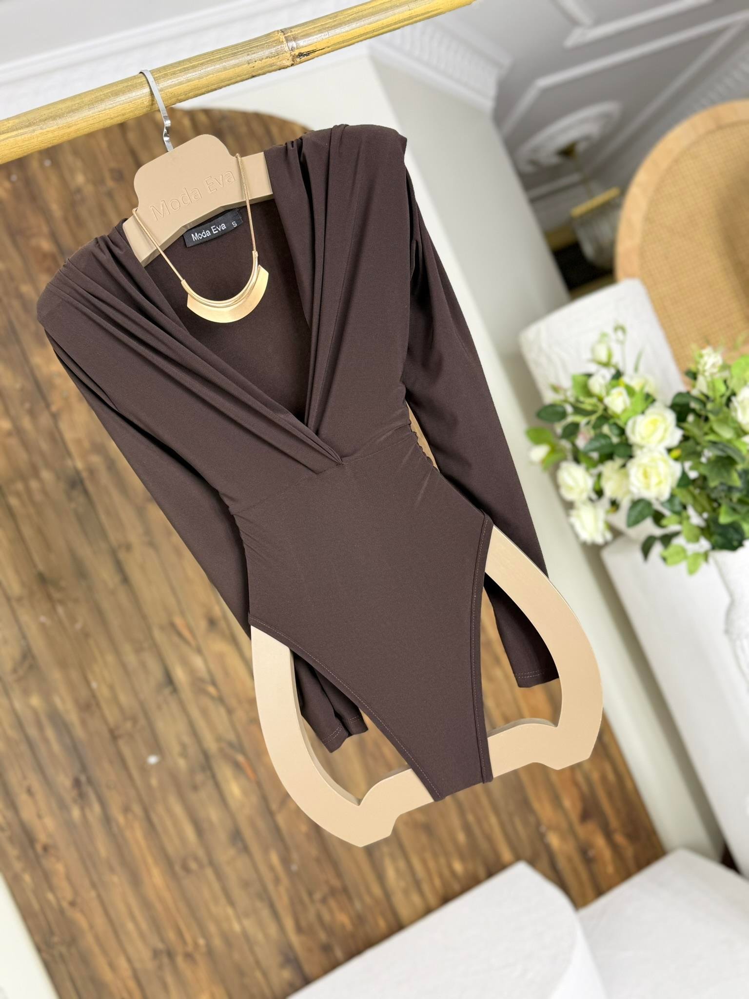 Sandy Kumaş Vatkalı Bodysuit Kahverengi