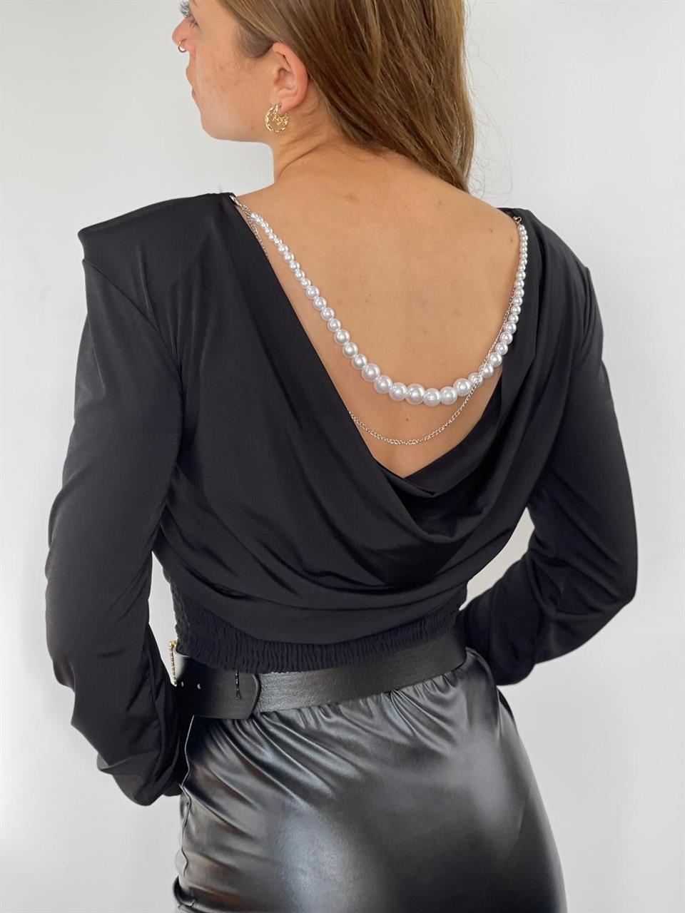 Sandy Kumaş Vatkalı Sırt İnci ve Zincir Detay Beli Gipeli Bluz