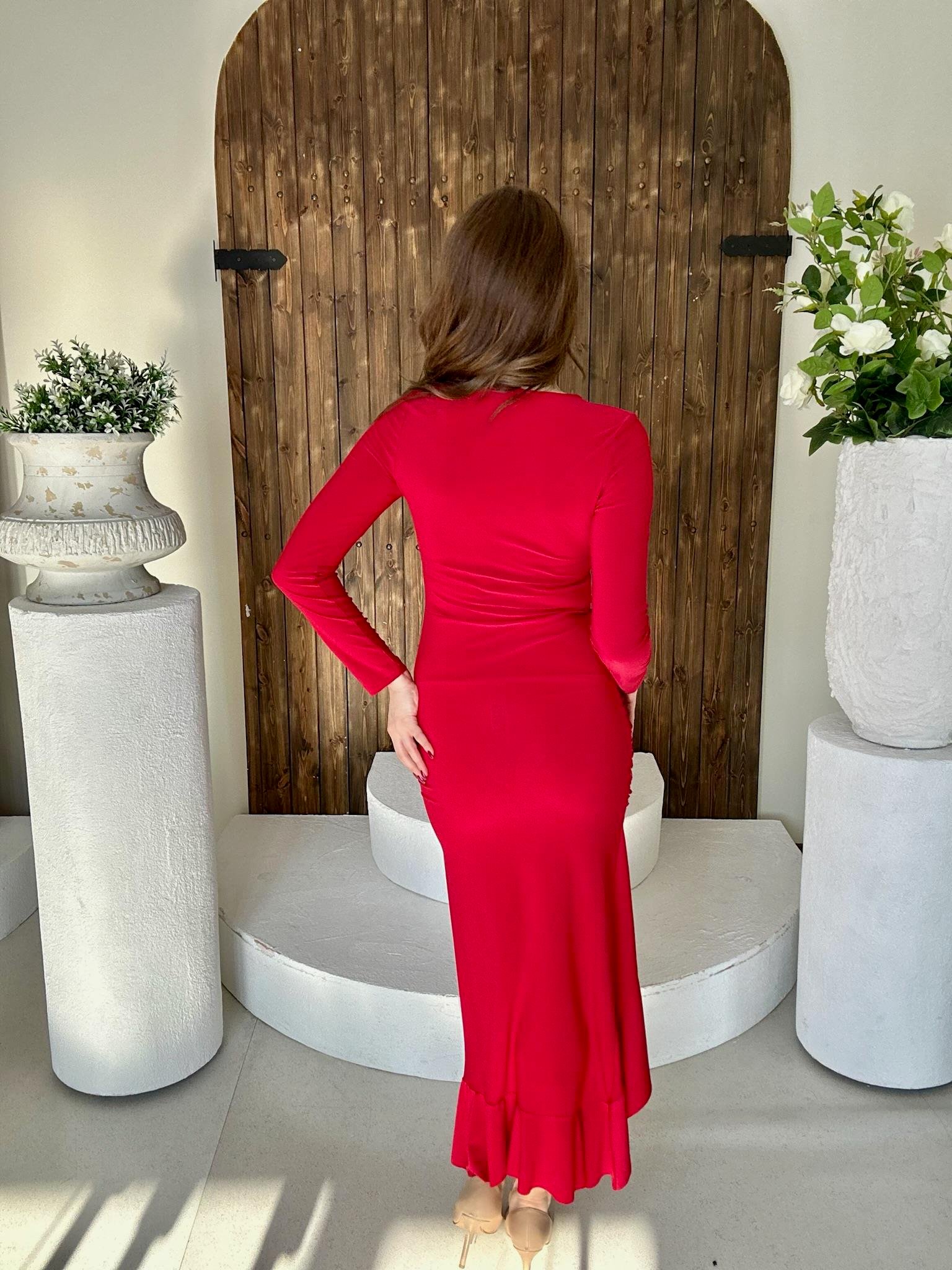 Sandy Kumaş Volan Detay Drapeli Kırmızı Uzun Elbise