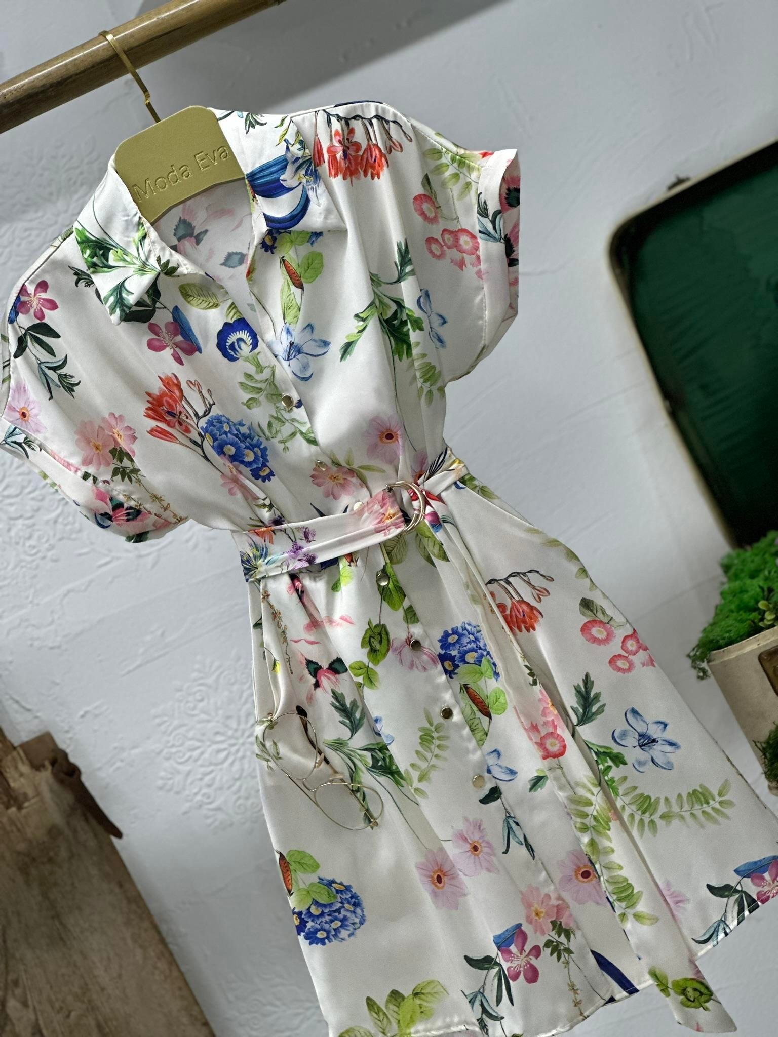 Saten Kumaş Çiçek Desen Kloş Gömlek Elbise