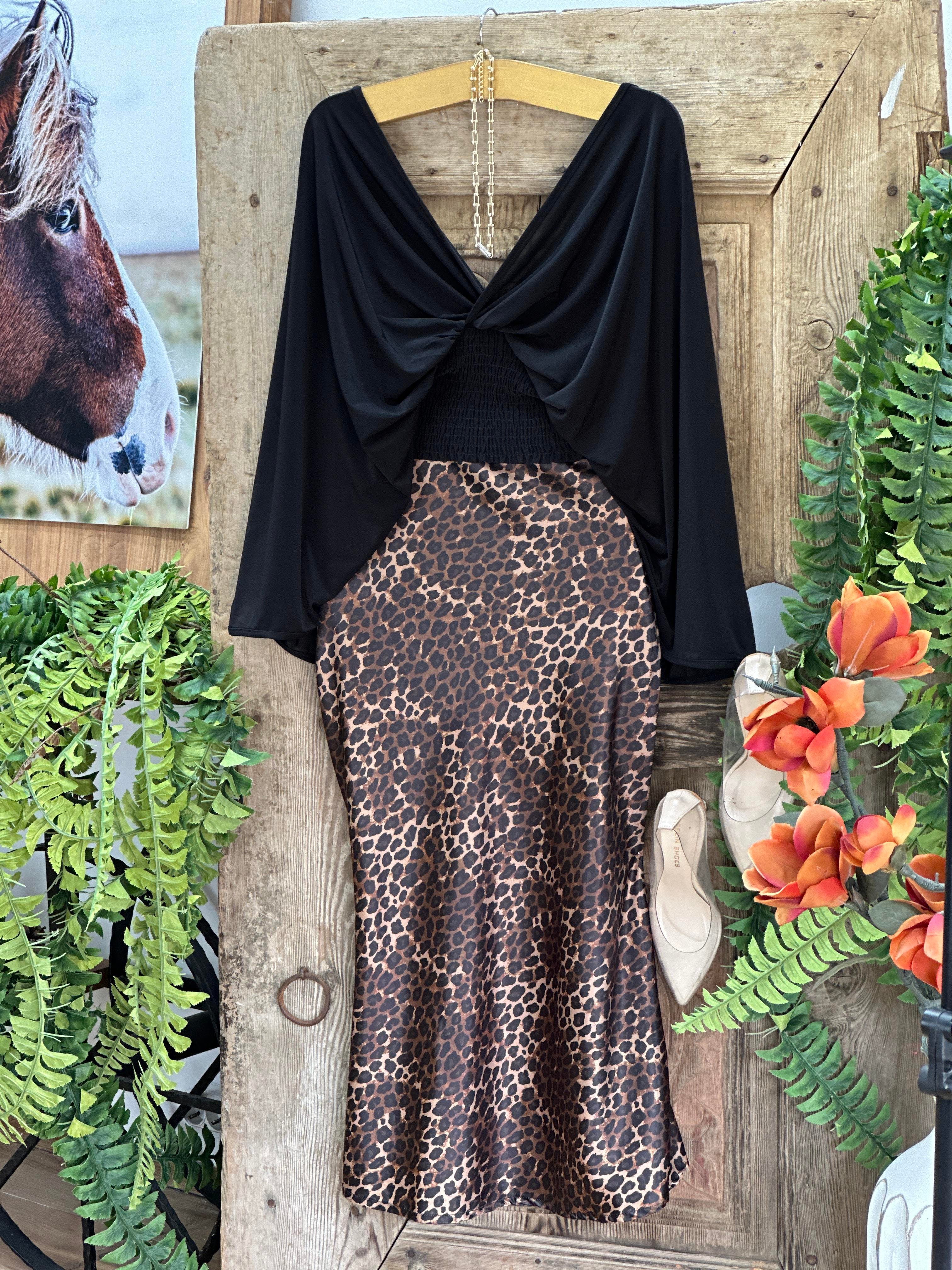 Saten Kumaş Leopar Desen Midi Boy Etek