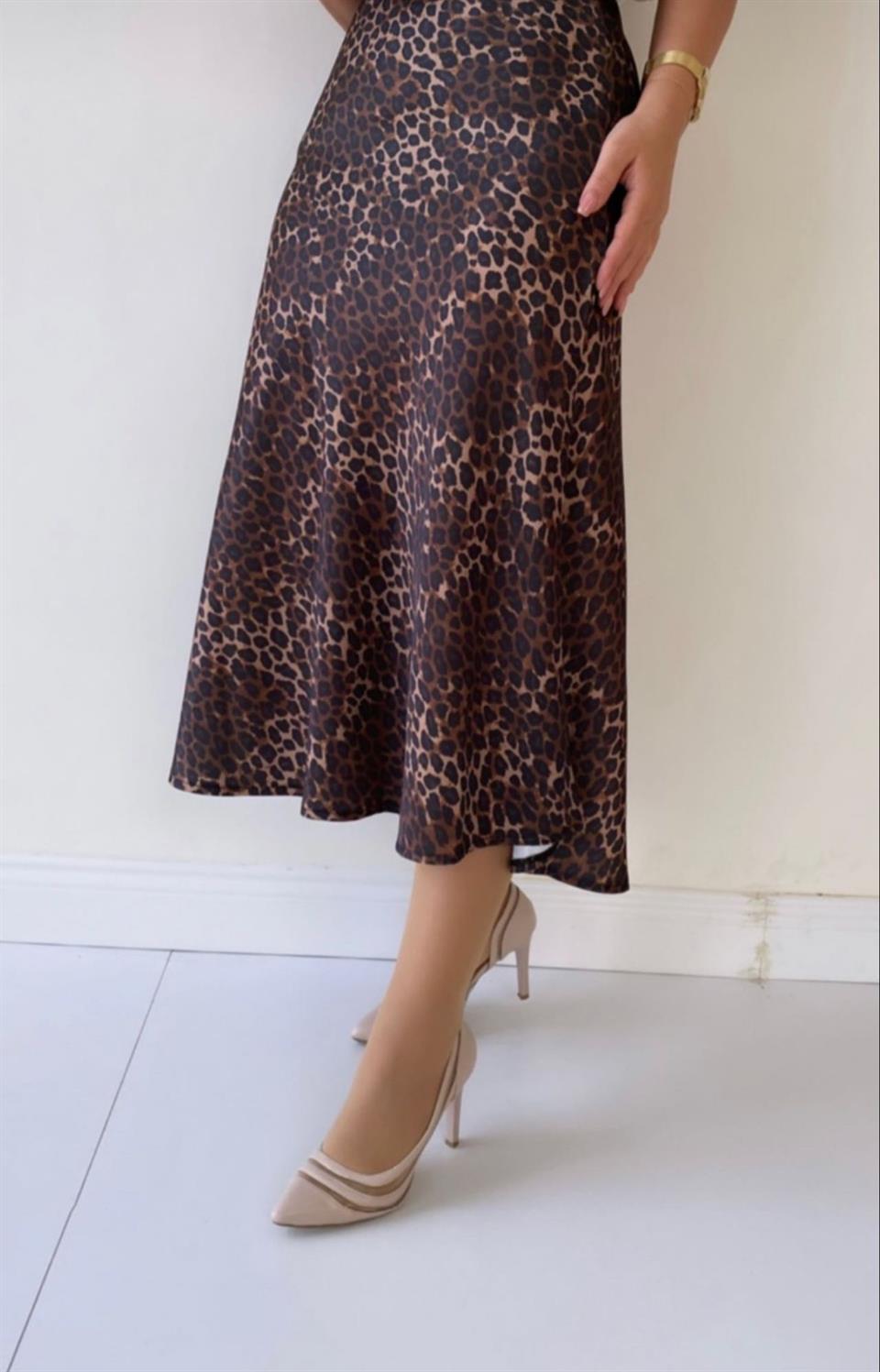 Saten Kumaş Leopar Desen Midi Boy Etek