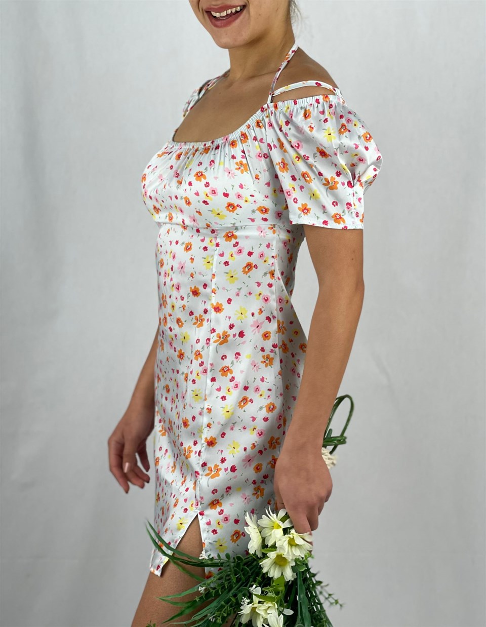 Saten Kumaş Prenses Kol Sırt Bağ Detaylı Mini Elbise