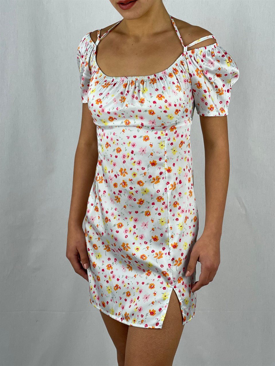 Saten Kumaş Prenses Kol Sırt Bağ Detaylı Mini Elbise