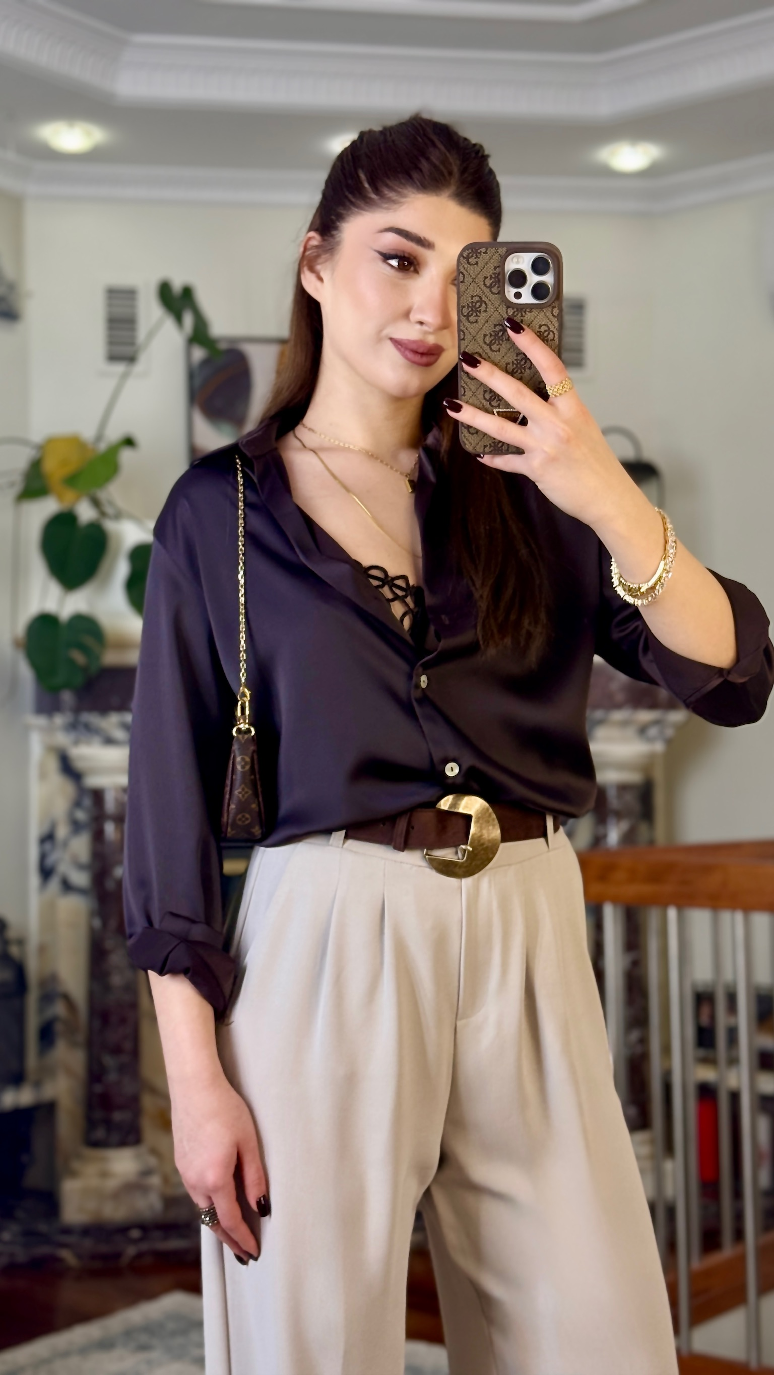 Saten Kumaş Rahat Kalıp Gömlek Kahverengi