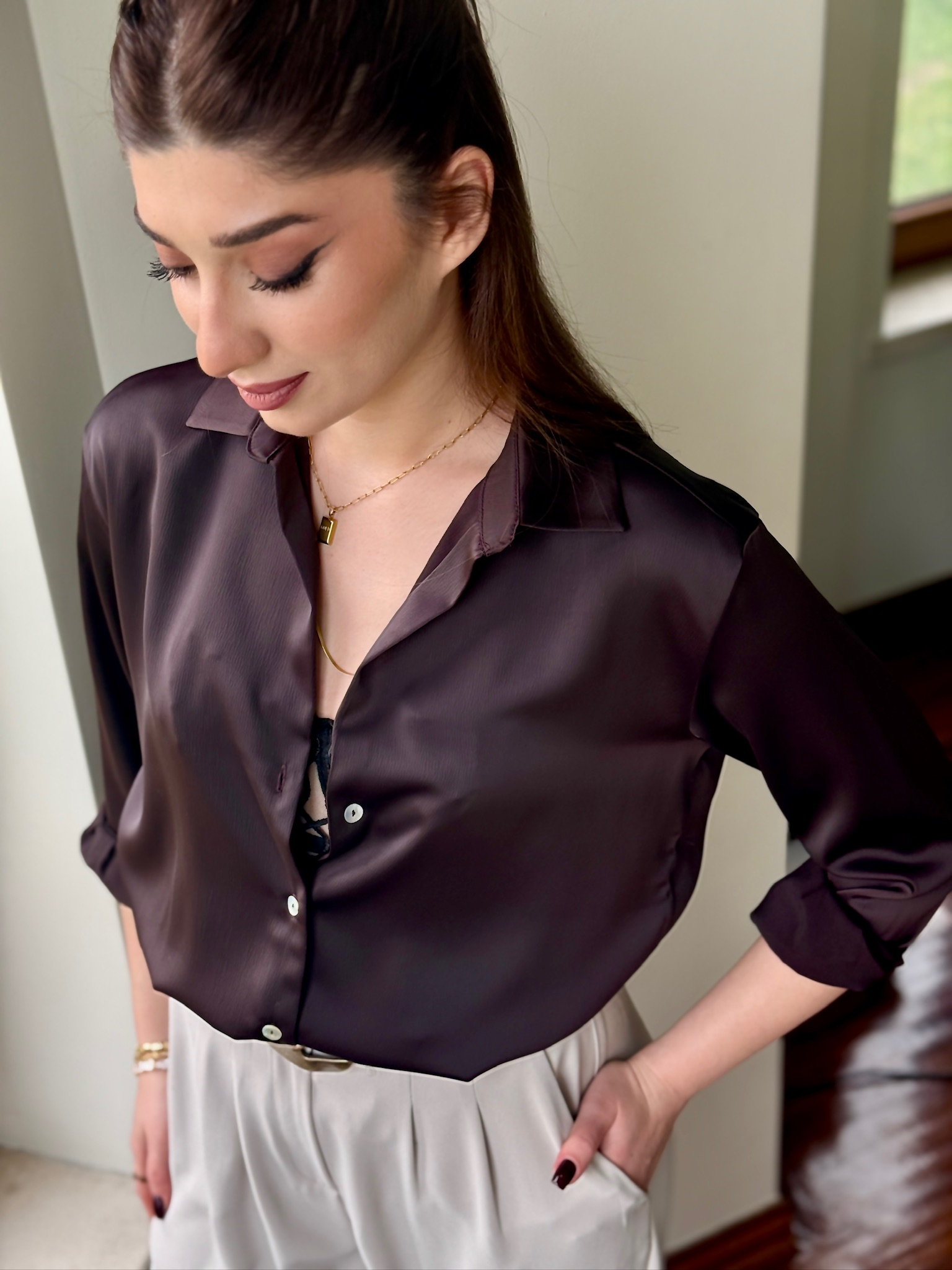 Saten Kumaş Rahat Kalıp Gömlek Kahverengi