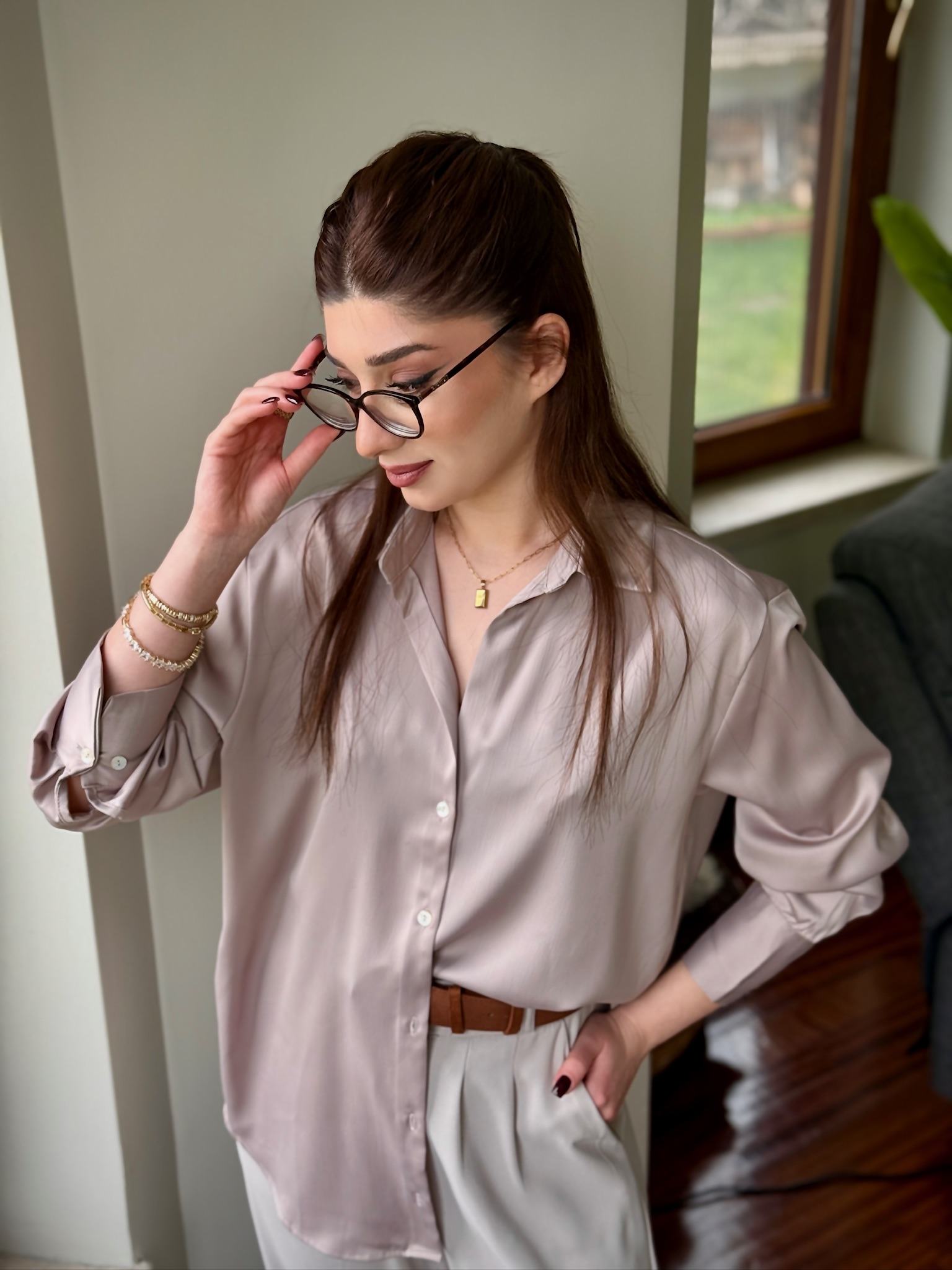 Saten Kumaş Rahat Kalıp Gömlek Krem