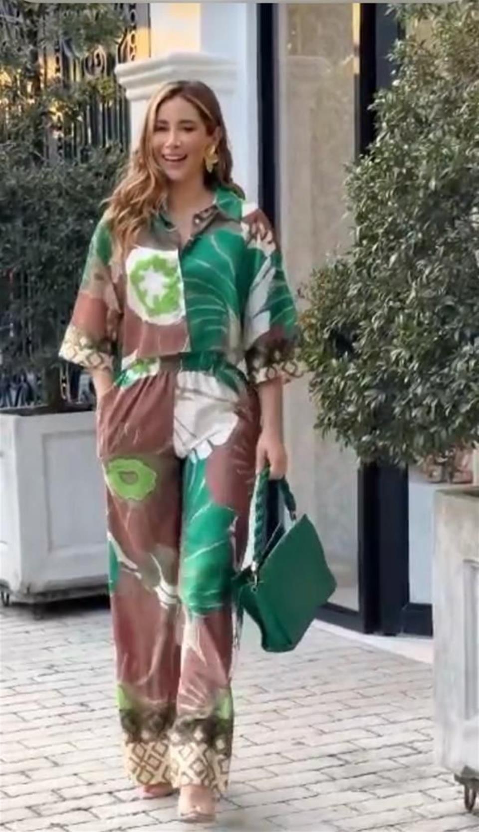 Saten Kumaş Yeşil Desenli Pantolon Gömlek İkili Takım