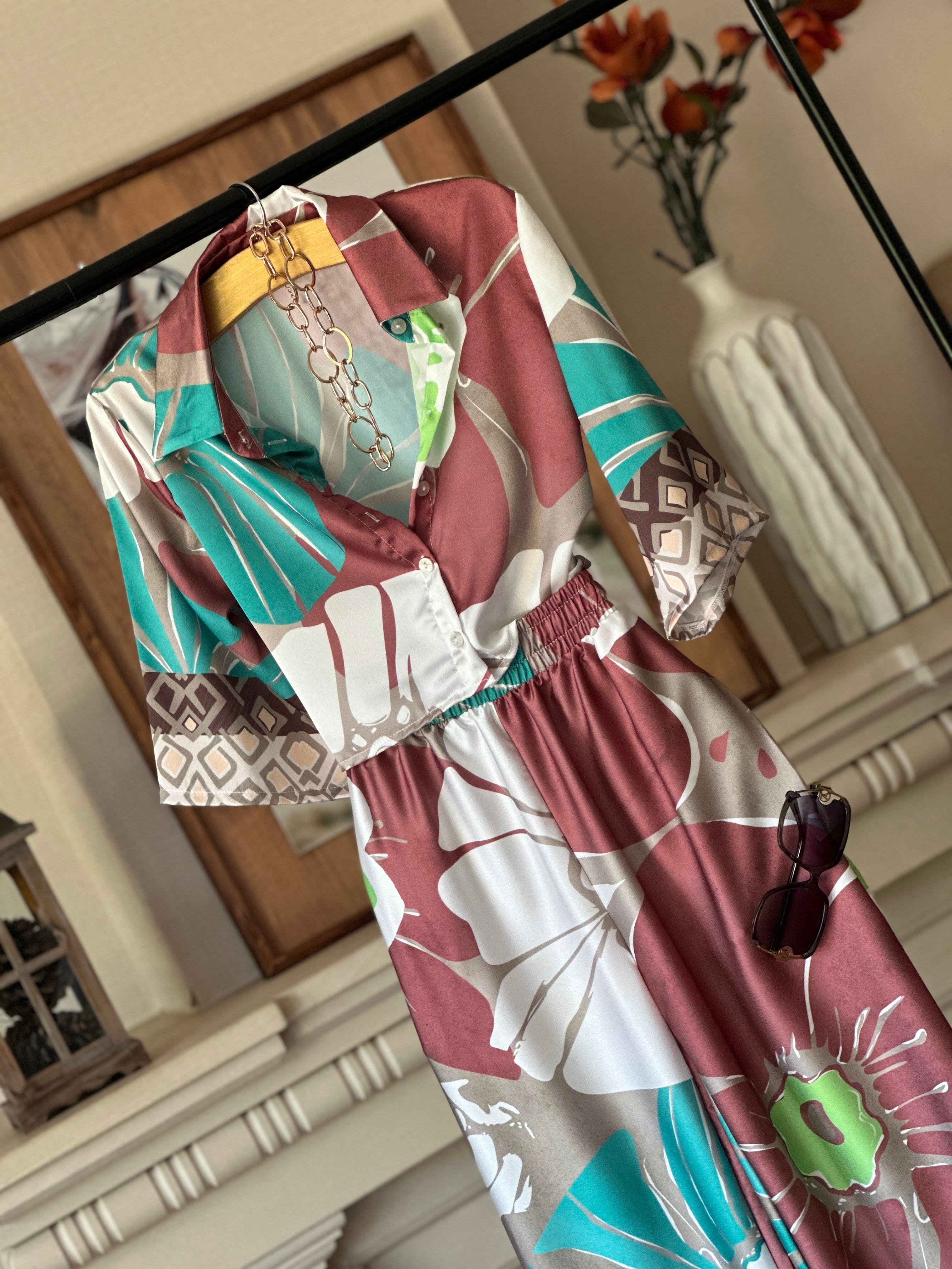 Saten Kumaş Yeşil Desenli Pantolon Gömlek İkili Takım