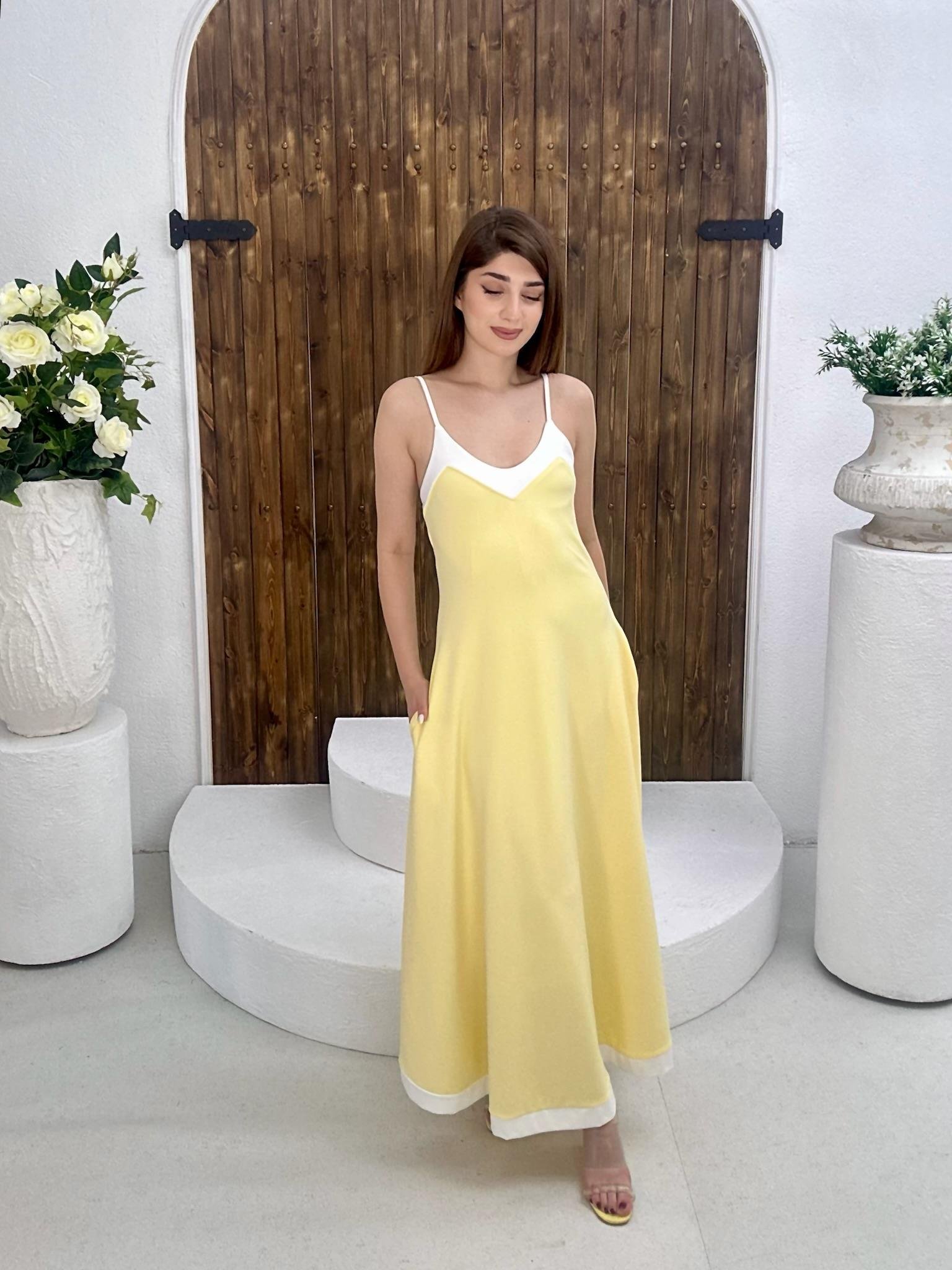 Scuba Dalgıç Kumaş Garni Detay Cepli Uzun Askılı Elbise Sarı