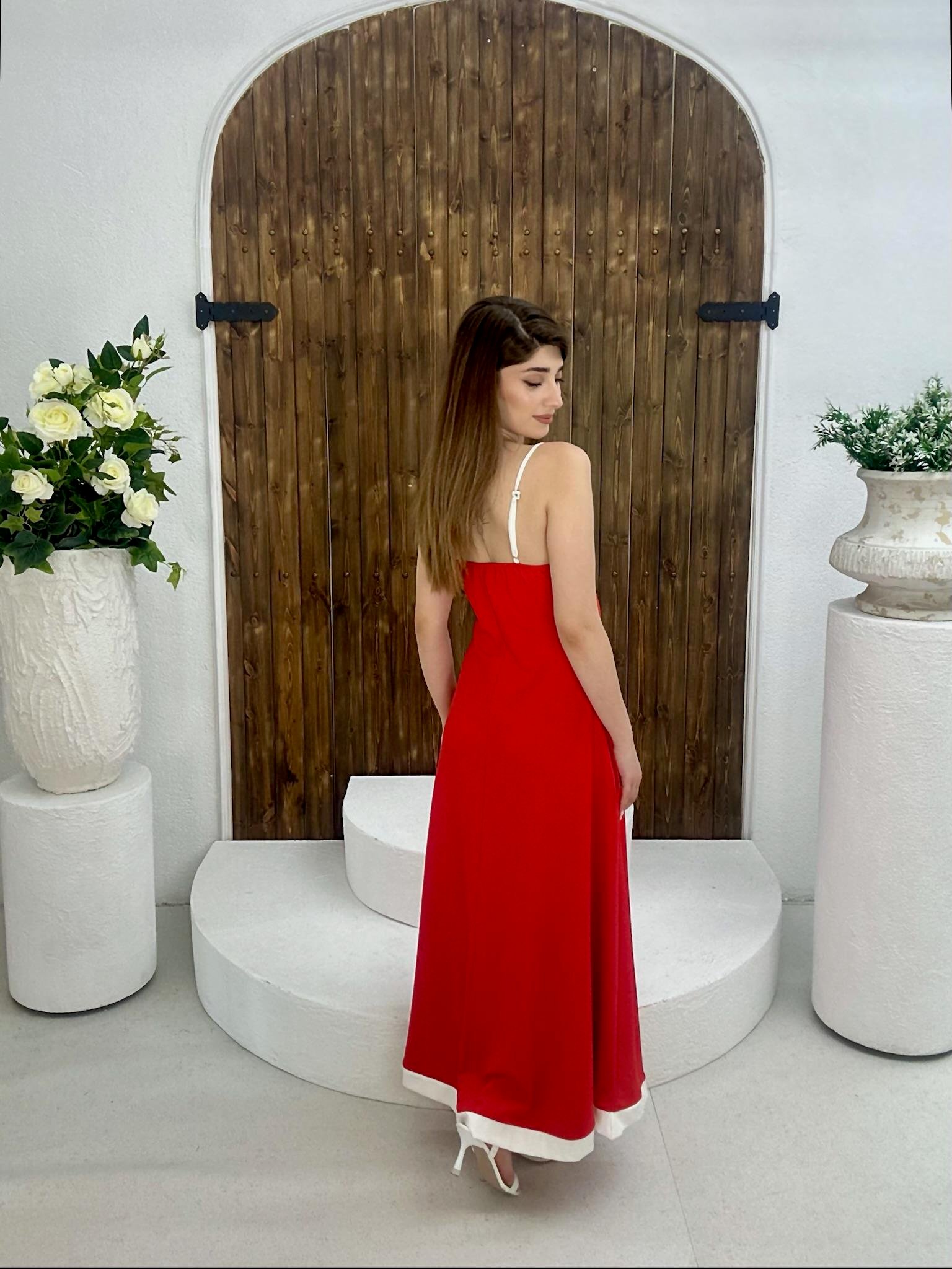 Scuba Dalgıç Kumaş Garni Detay Cepli Uzun Askılı Elbise Kırmızı