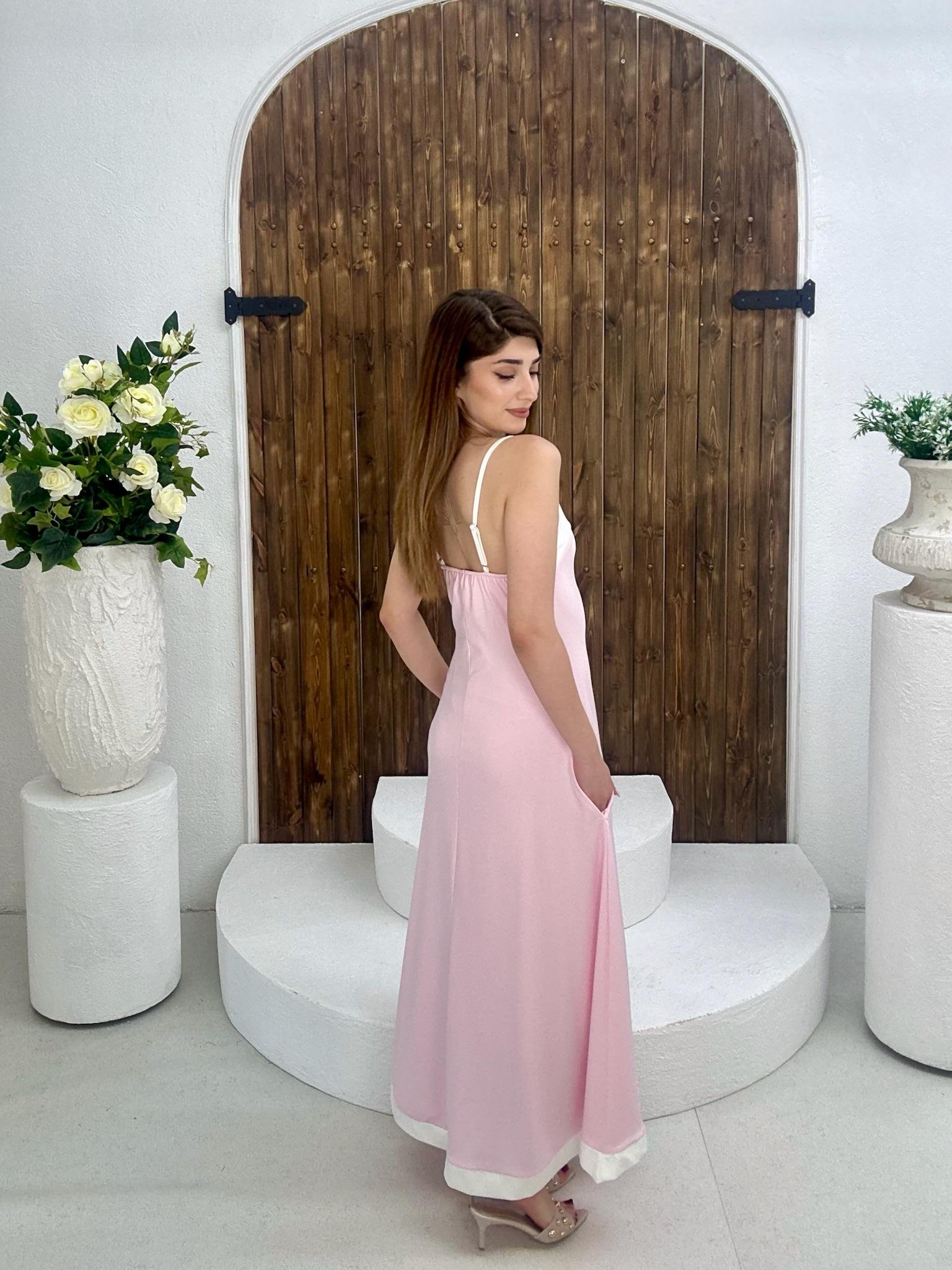 Scuba Dalgıç Kumaş Garni Detay Cepli Uzun Askılı Elbise Pudra