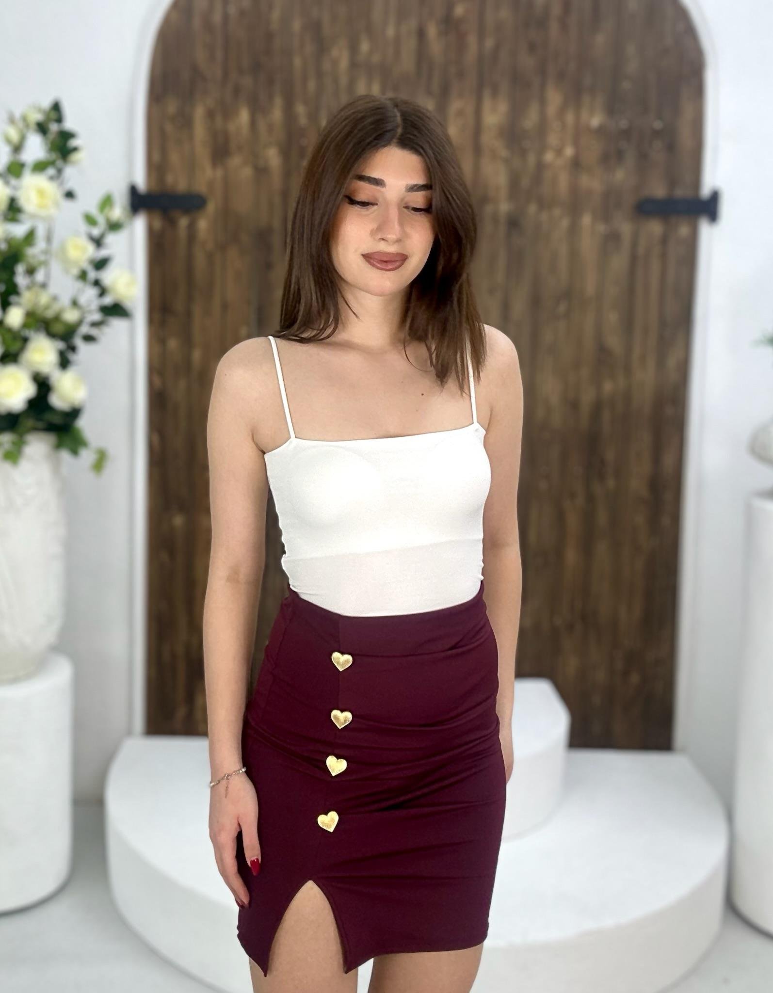 Scuba Kumaş Drape Detay Kalp Düğmeli Etek Bordo