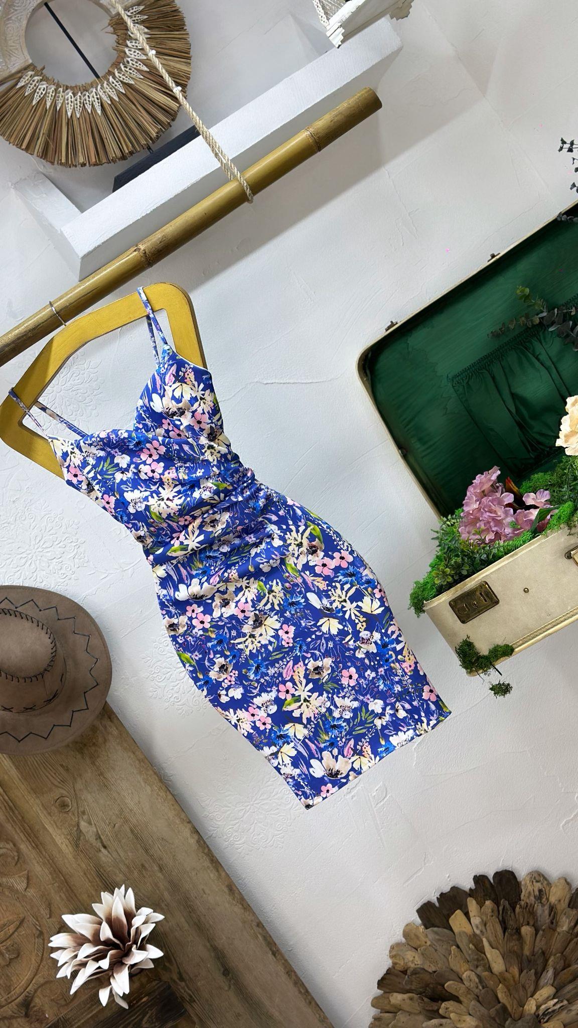 Scuba Kumaş Kalp Yaka Askılı Desenli Mavi Elbise