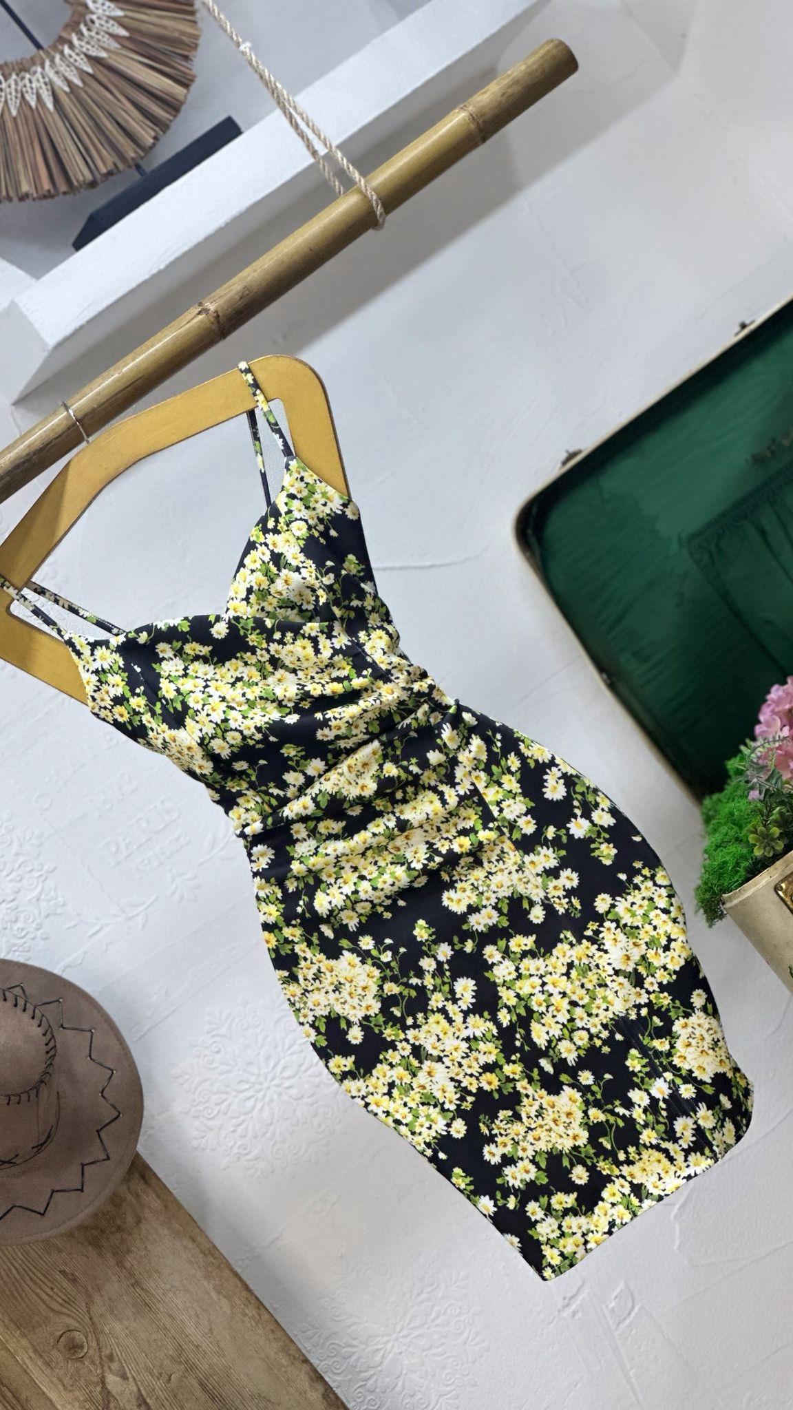 Scuba Kumaş Kalp Yaka Askılı Yeşil Desenli Elbise