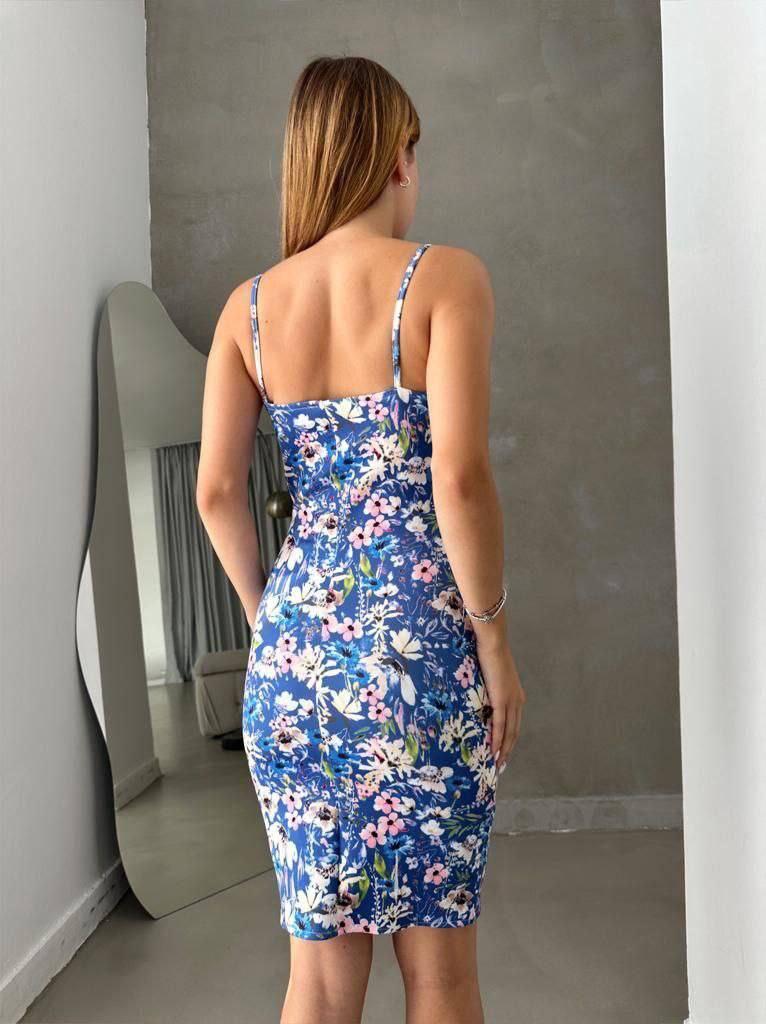 Scuba Kumaş Kalp Yaka Mavi Çiçek Desen Elbise