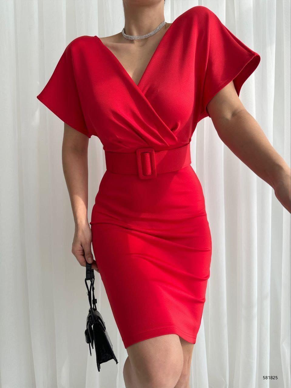 Scuba Kumaş Kaplama Kemerli Kruvaze Yaka Kalem Elbise