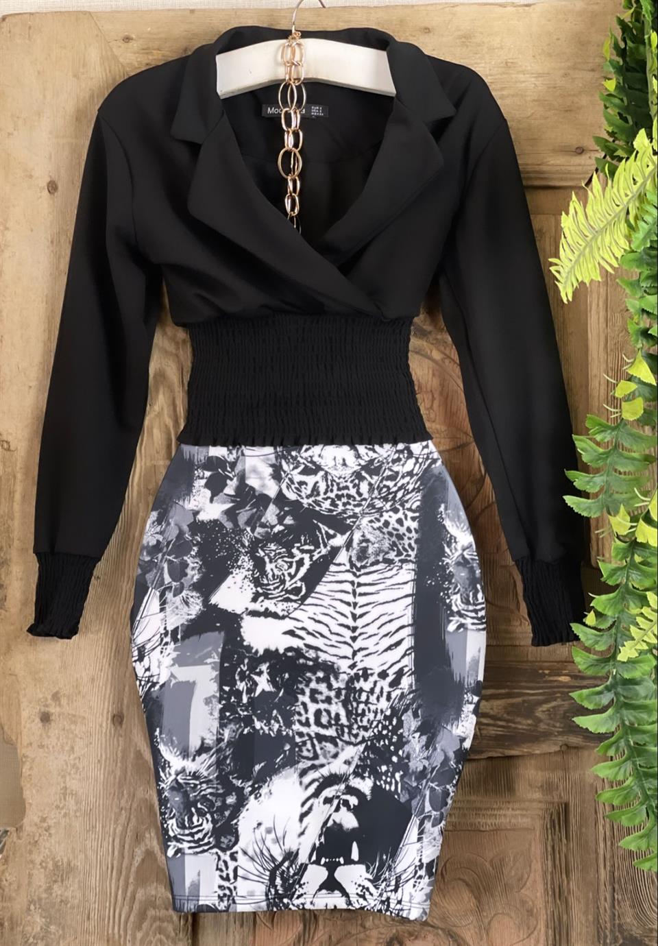 Scuba Kumaş Leopar Desen Beli Lastikli Fermuarsız Yırtmaçsız Kalem Etek 