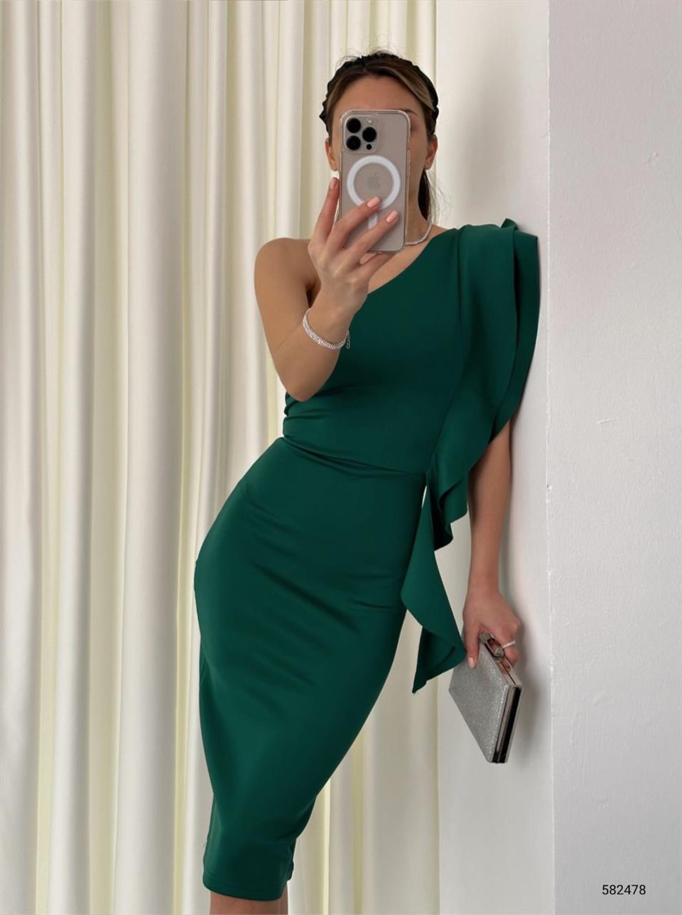 Scuba Kumaş Likralı Tek Omuz Volan Detay Tasarım Kalem Elbise