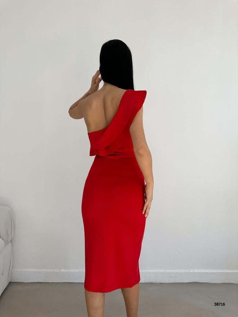 Scuba Kumaş Tek Omuz Volanlı Yırtmaç Detay Kalem Elbise