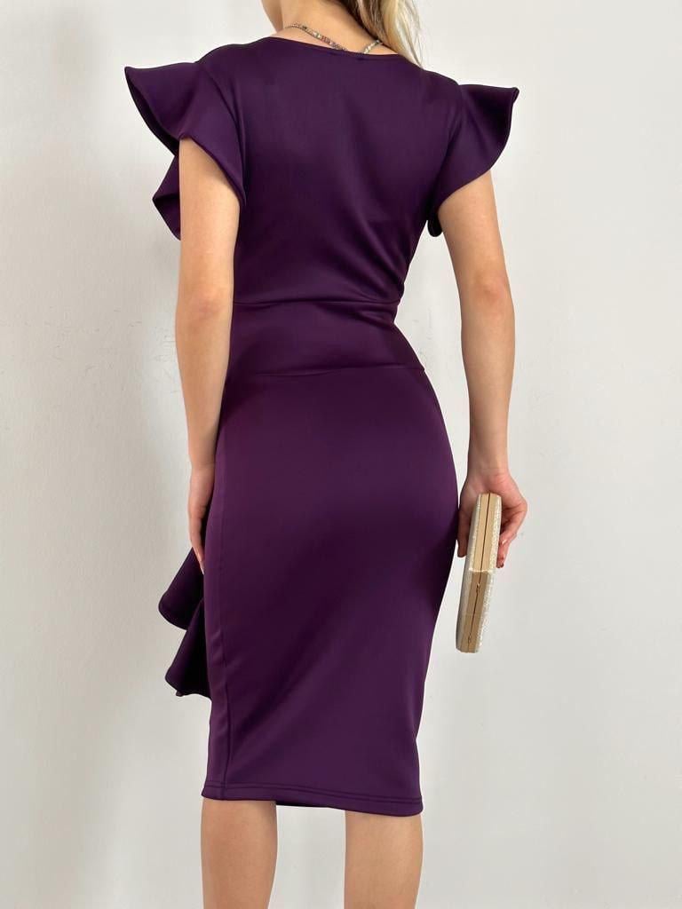 Scuba Kumaş Volan Detaylı Tasarım Kalem Elbisemiz 