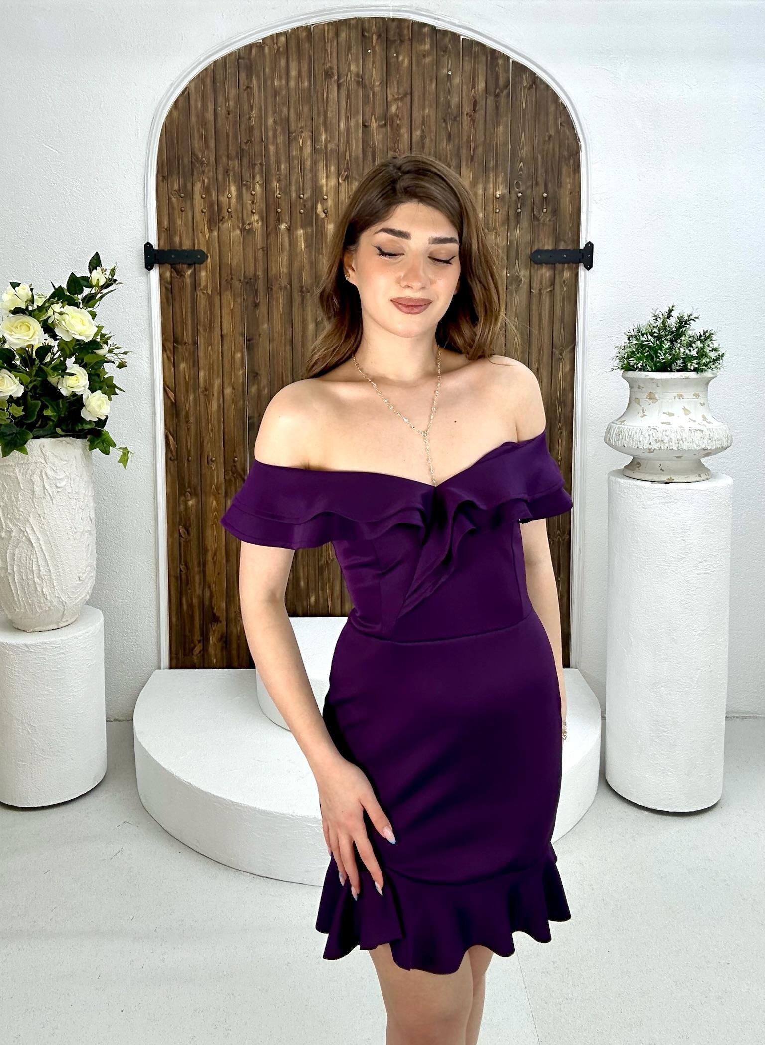 Scuba Kumaş Volanlı Özel Üretim Elbise Mor