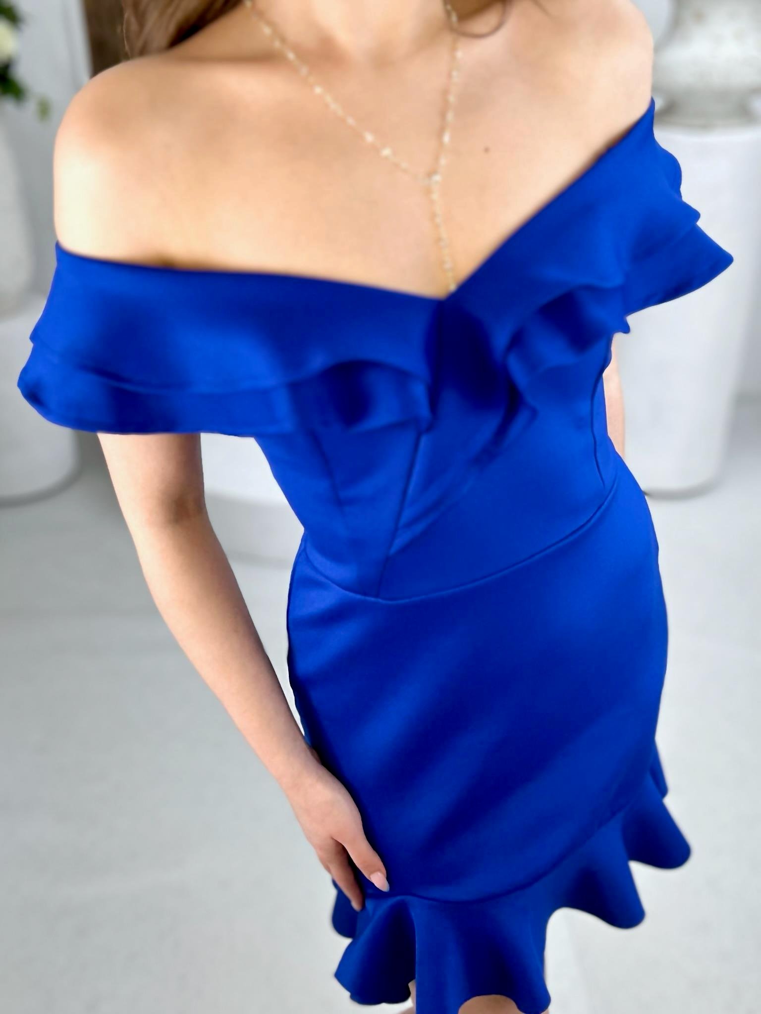 Scuba Kumaş Volanlı Özel Üretim Elbise Saks