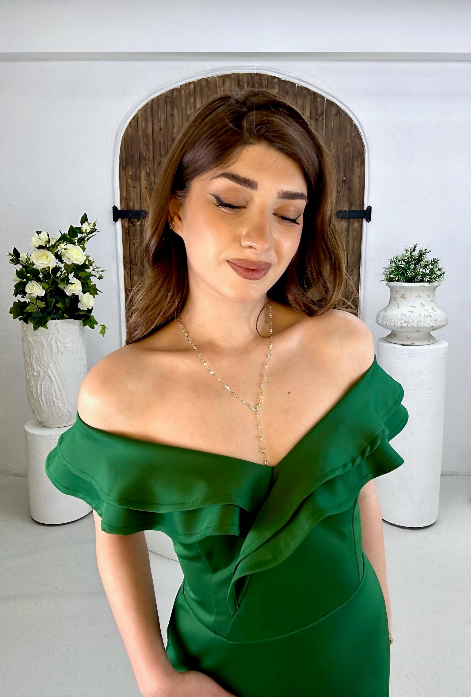 Scuba Kumaş Volanlı Özel Üretim Elbise Yeşil