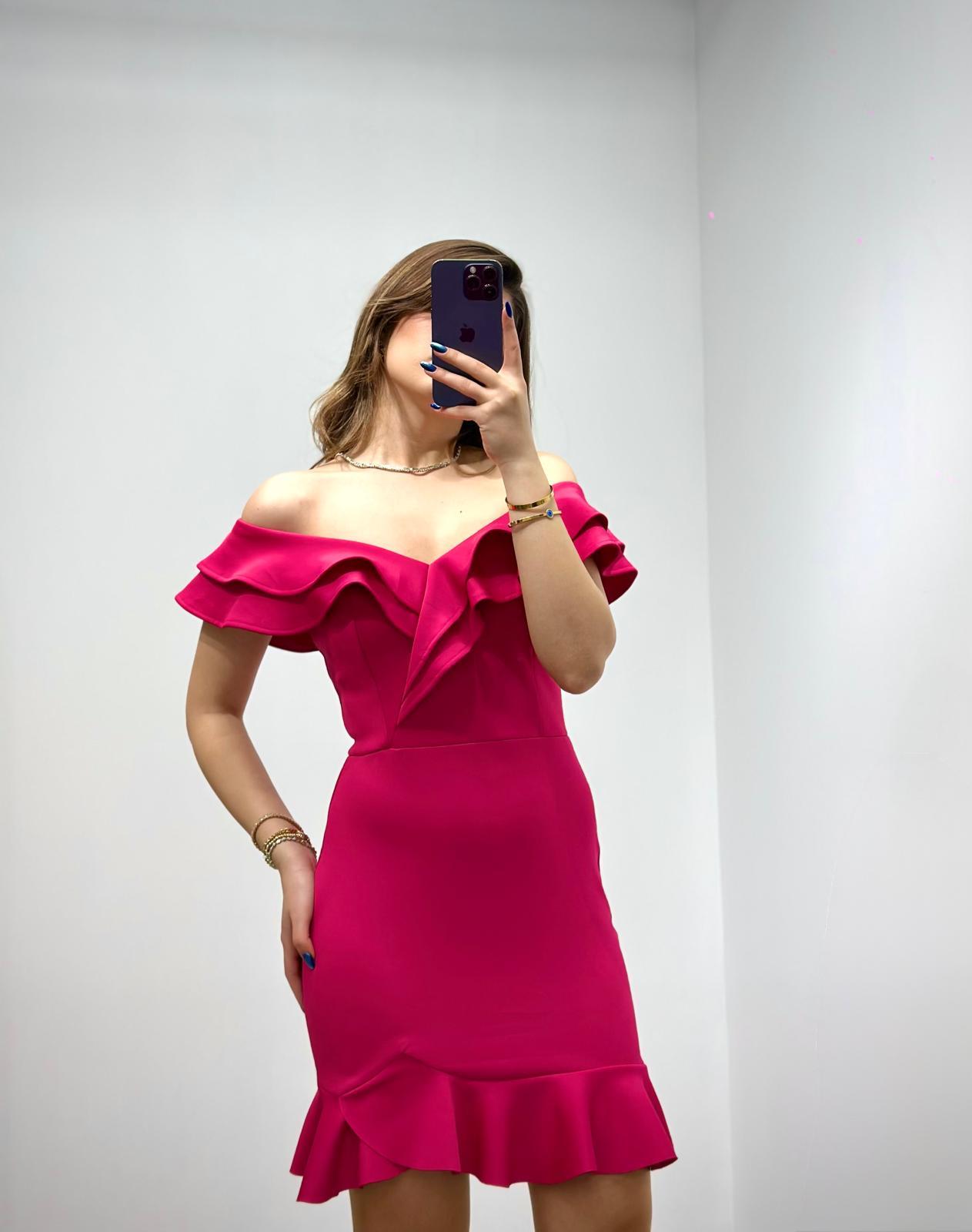 Scuba Kumaş Volanlı Özel Üretim Elbise Fuşya
