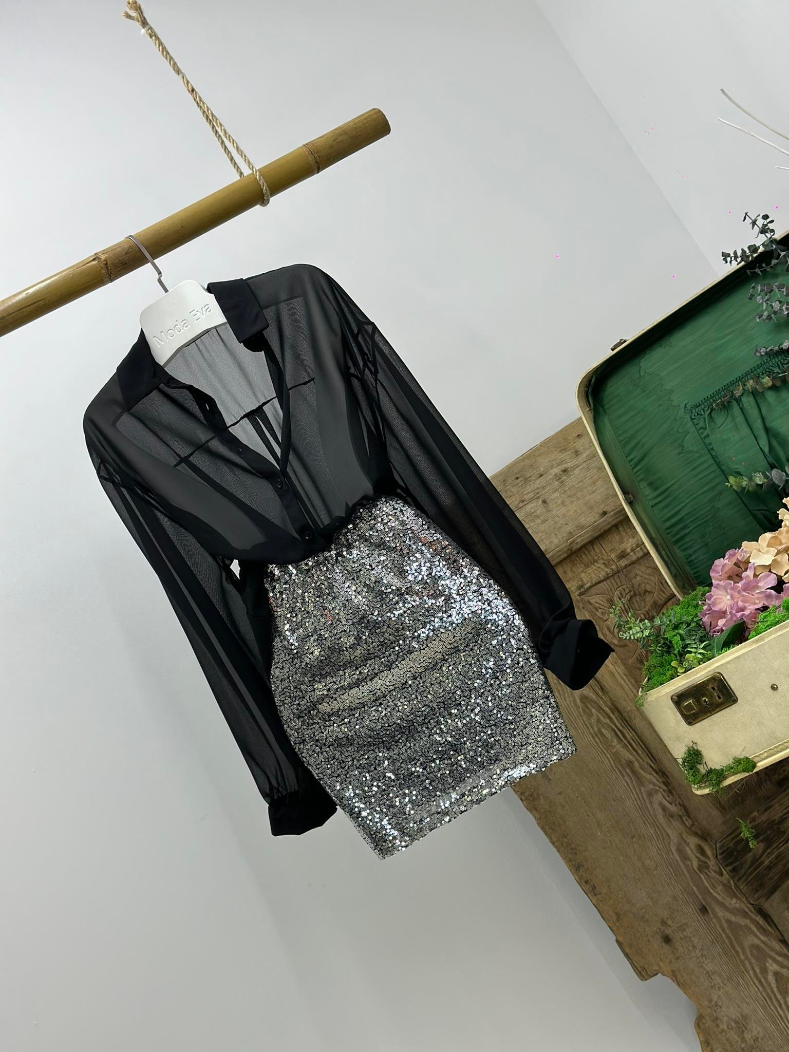 Şifon Gömlek Payet Etek İkili Tasarım Takım Gri