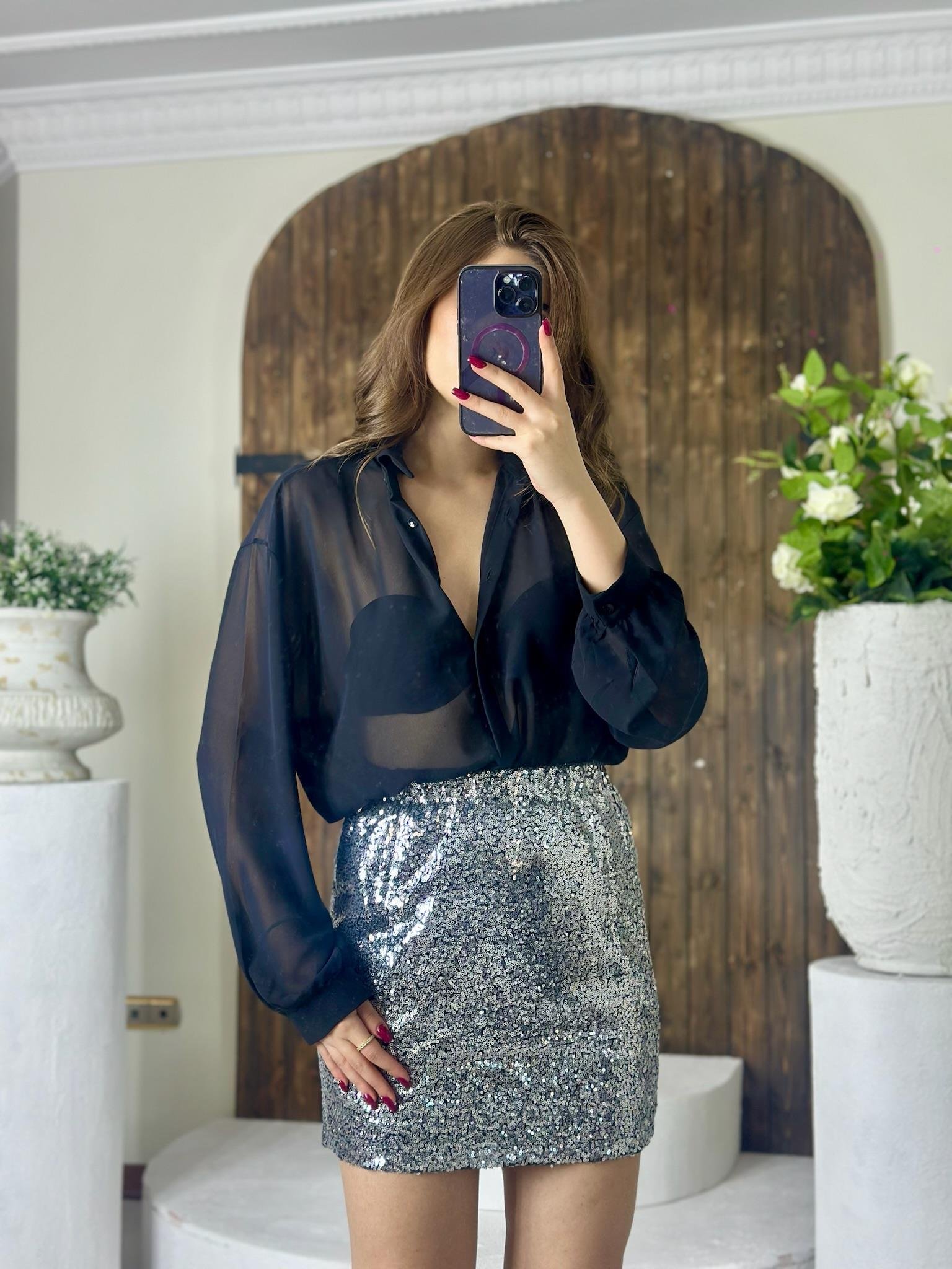 Şifon Gömlek Payet Etek İkili Tasarım Takım Gri