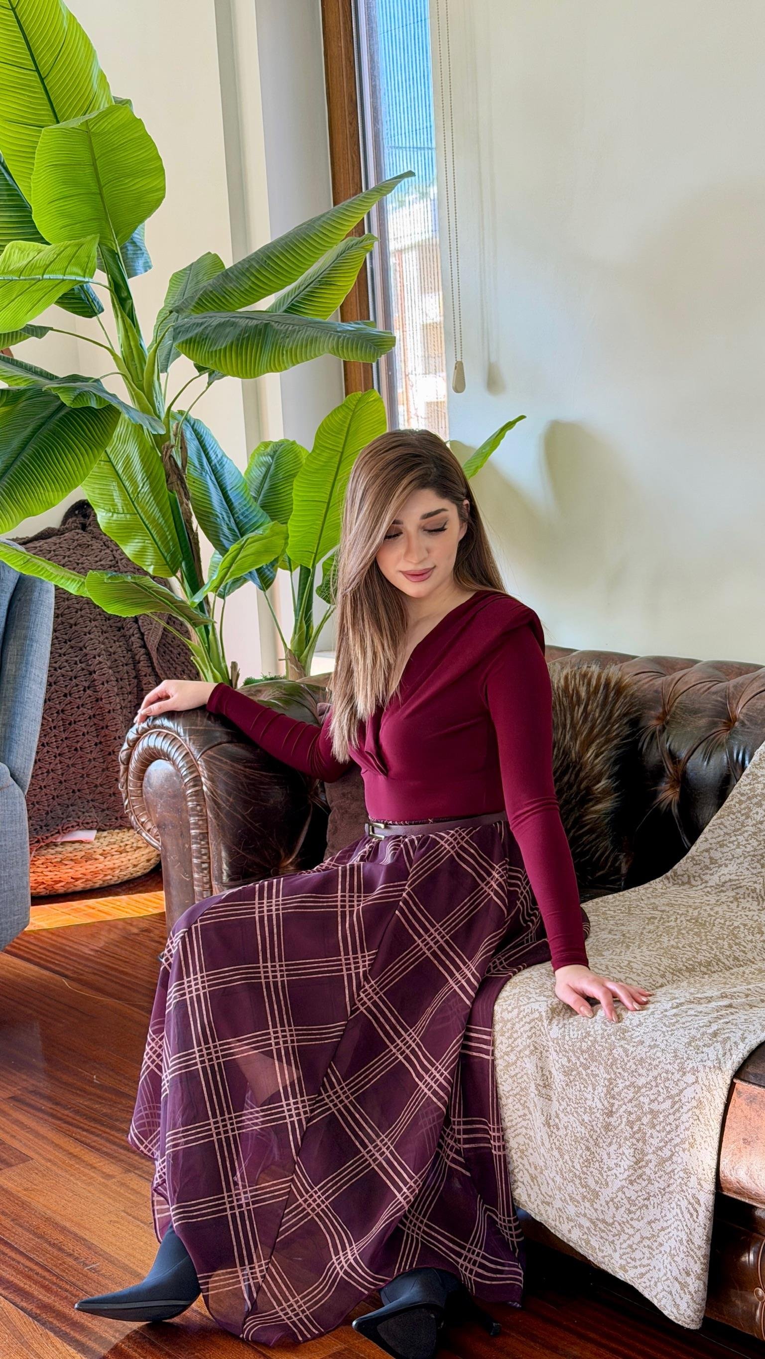 Şifon Kumaş Asimetrik Midi Etek Bordo