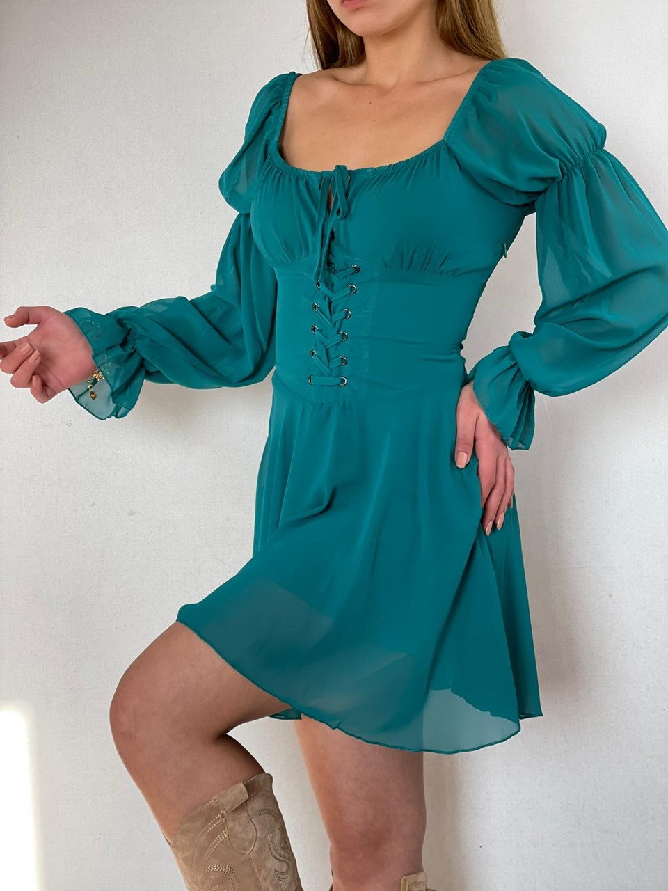 Şifon Kumaş Bel Korsaj Detay Göğüs Bağ Detay Elbise