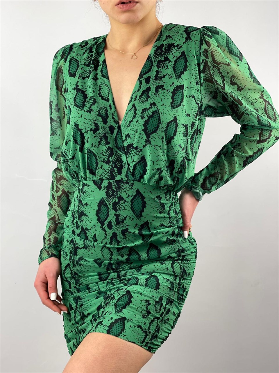 Şifon Kumaş Drapeli Yılan Desen Elbise