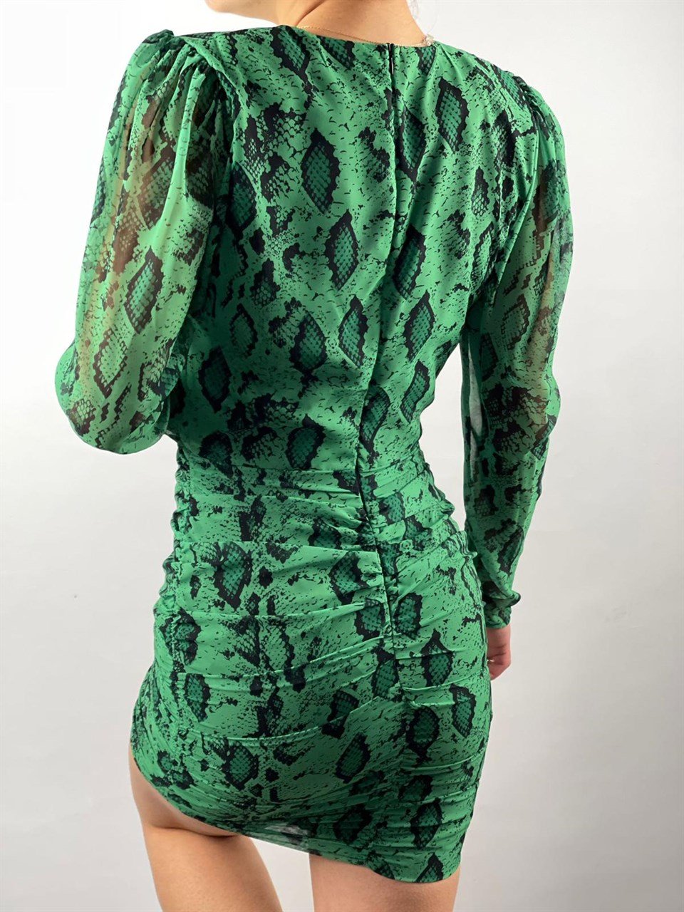 Şifon Kumaş Drapeli Yılan Desen Elbise