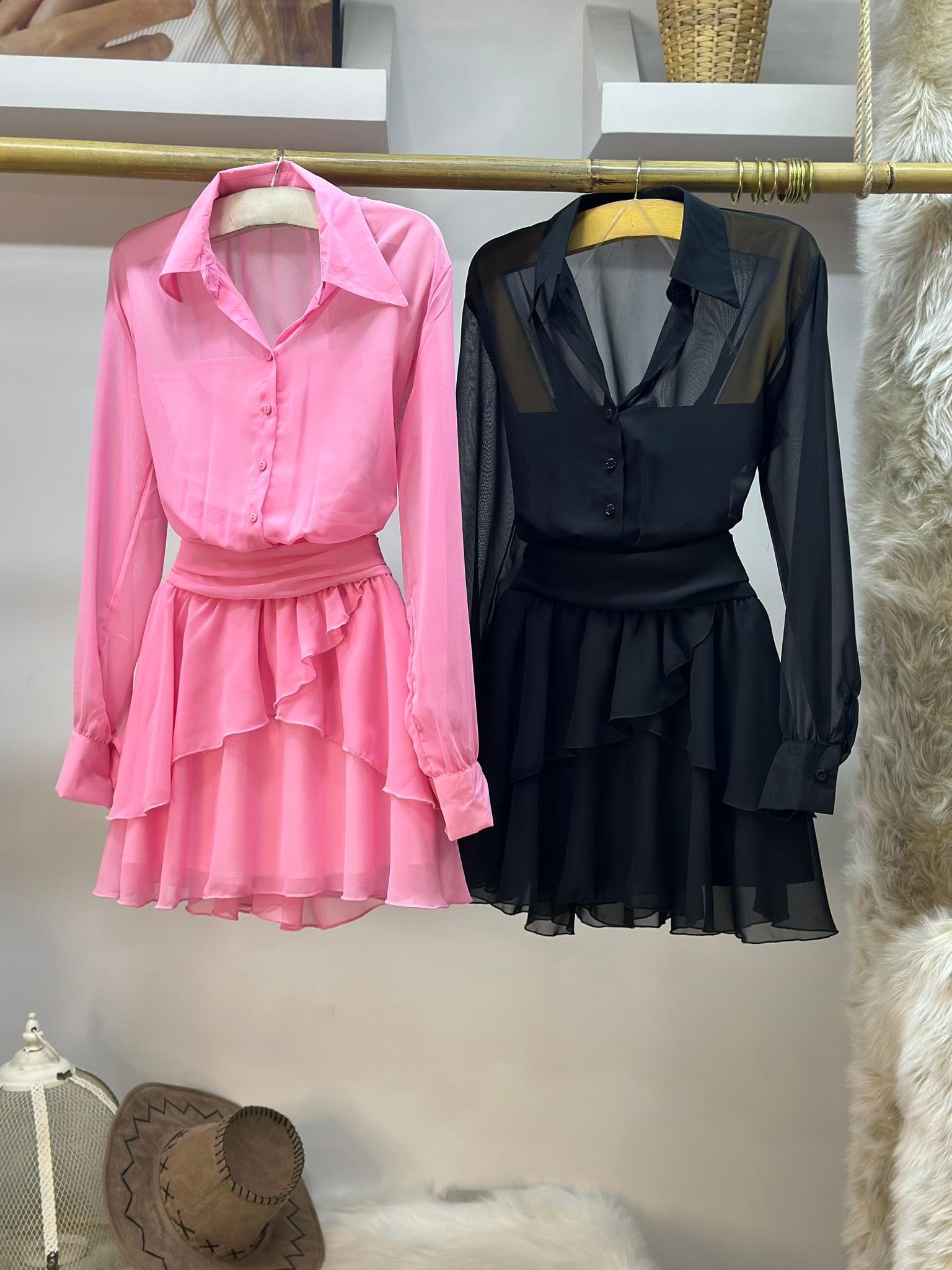 Şifon Kumaş Eteği Volanlı Gömlek Yaka Elbisemiz 