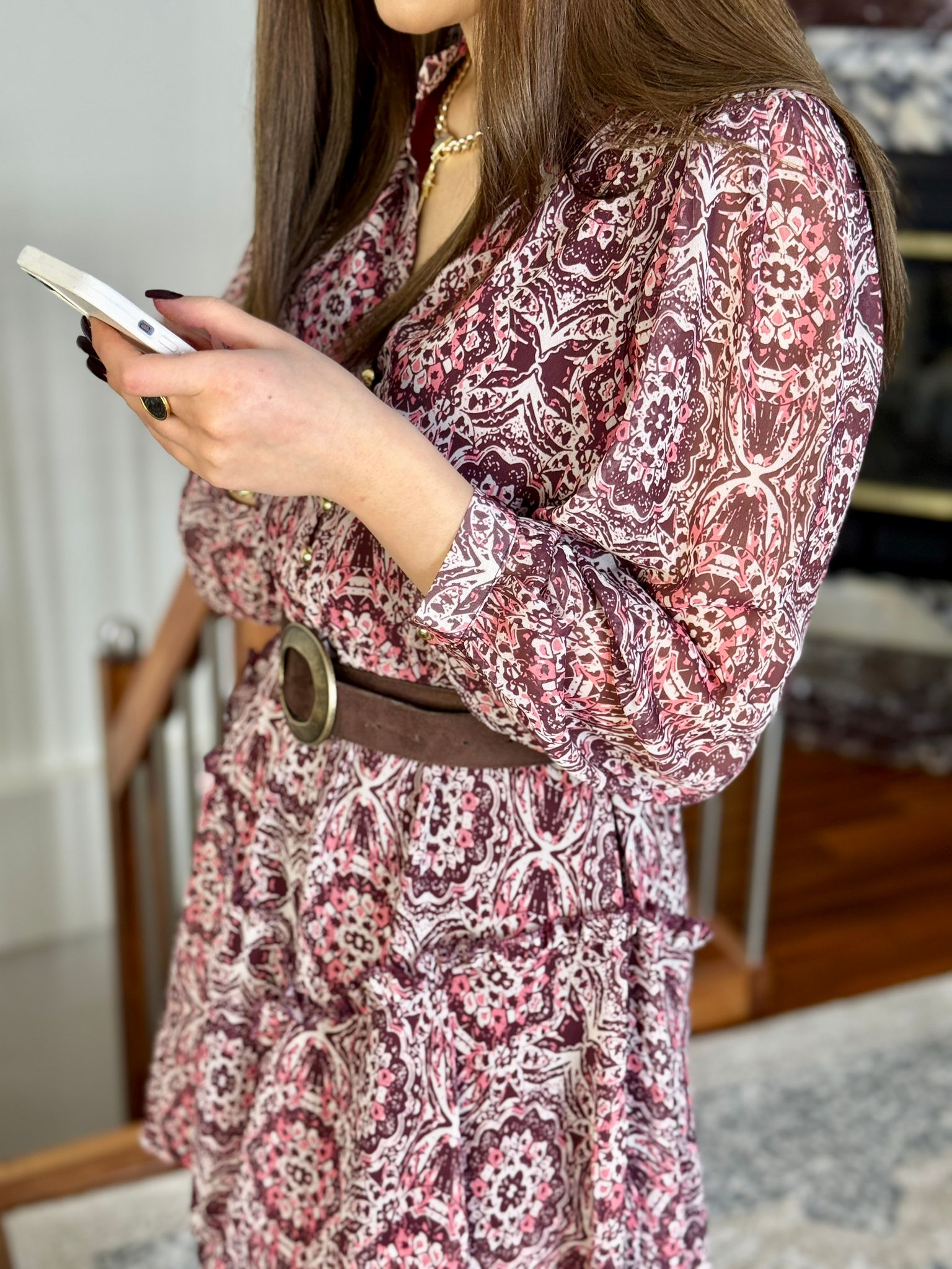 Şifon Kumaş Fırfır Detaylı Şal Desen Elbise