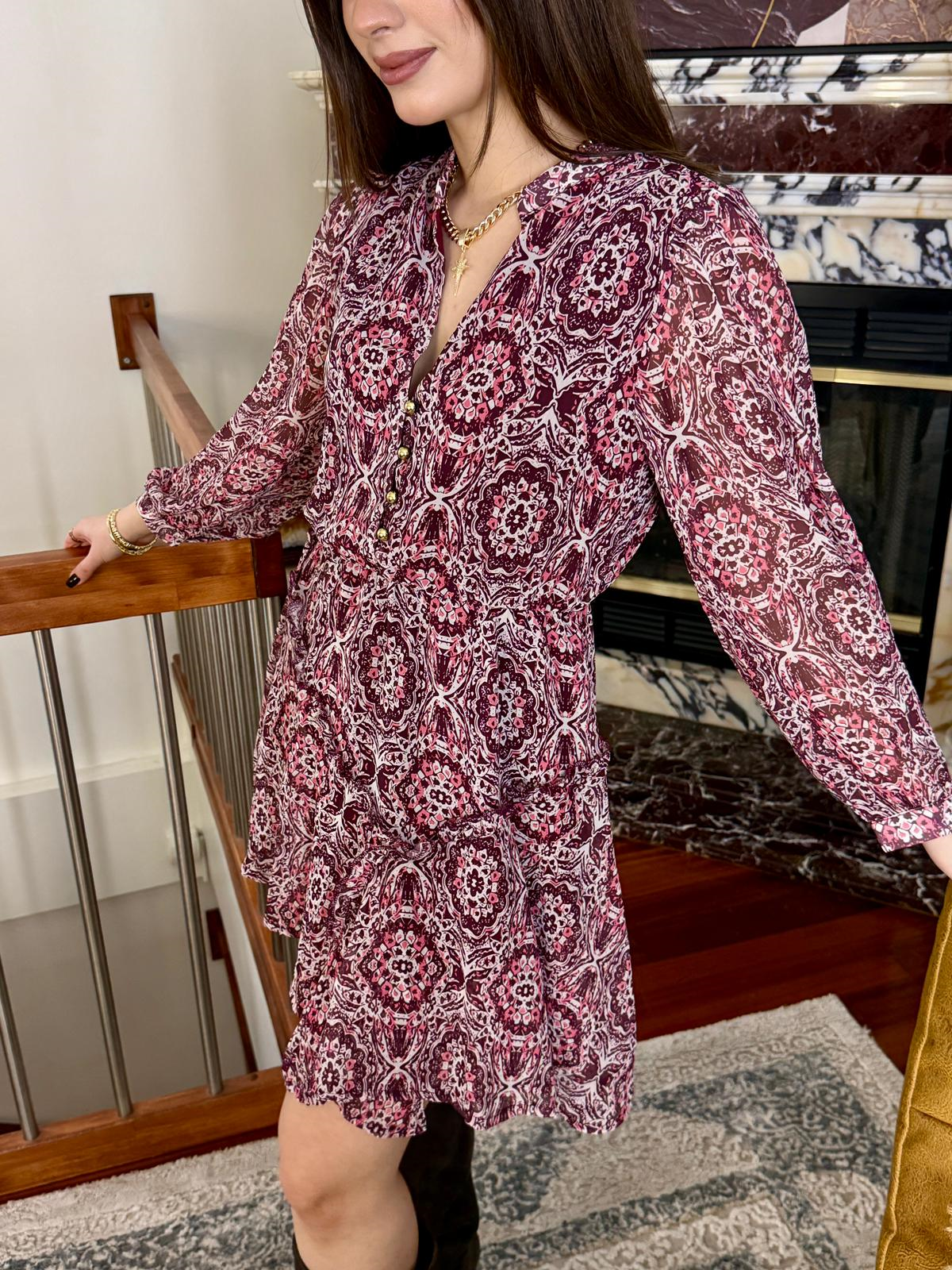 Şifon Kumaş Fırfır Detaylı Şal Desen Elbise