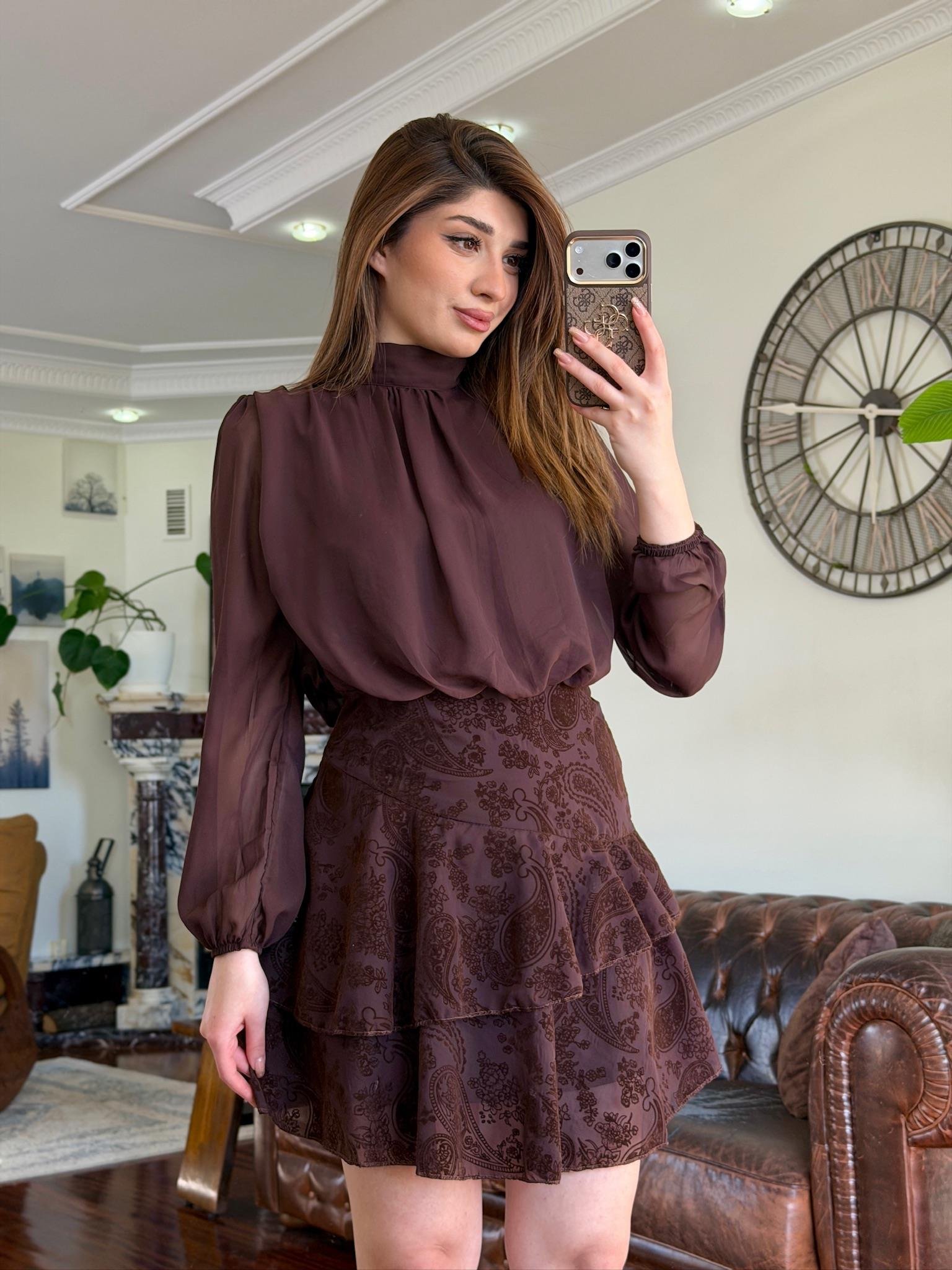 Şifon Kumaş Flog Baskı Detaylı Kloş Tasarım Elbise Kahverengi