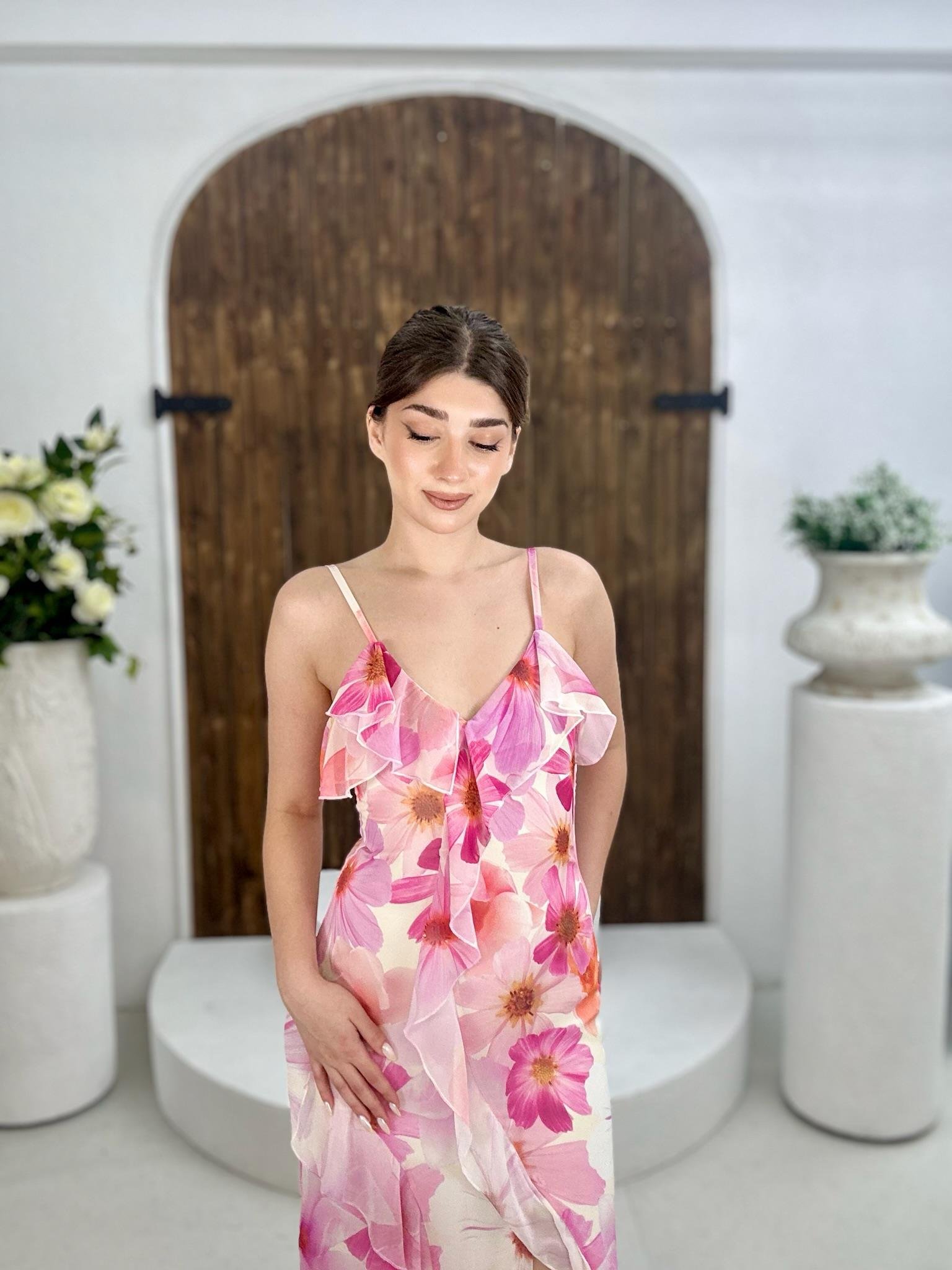 Şifon Kumaş Floral Desen Askılı Uzun Elbise