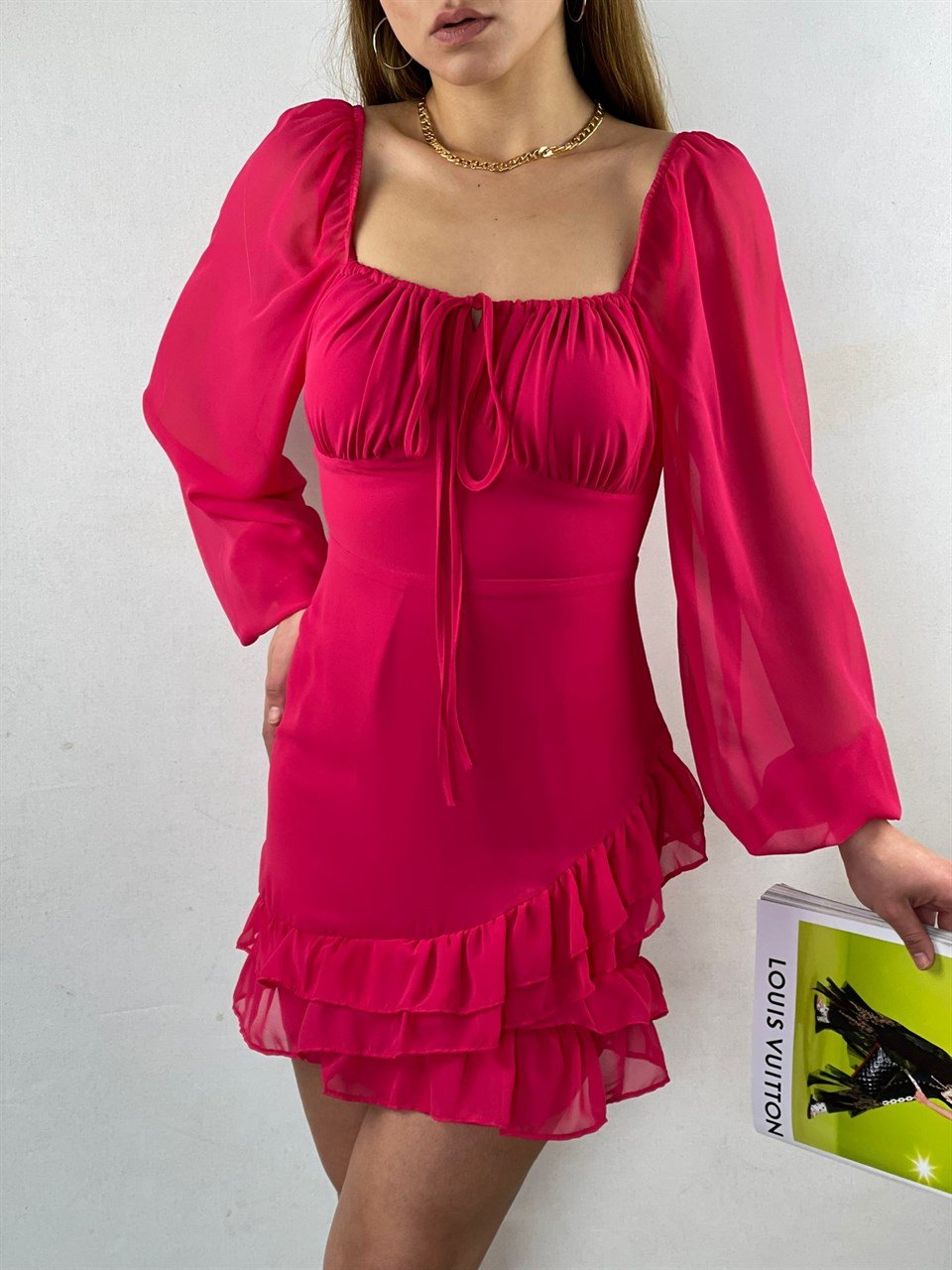 Şifon Kumaş Göğüs Büzgülü Eteği Fırfırlı Mini Elbise