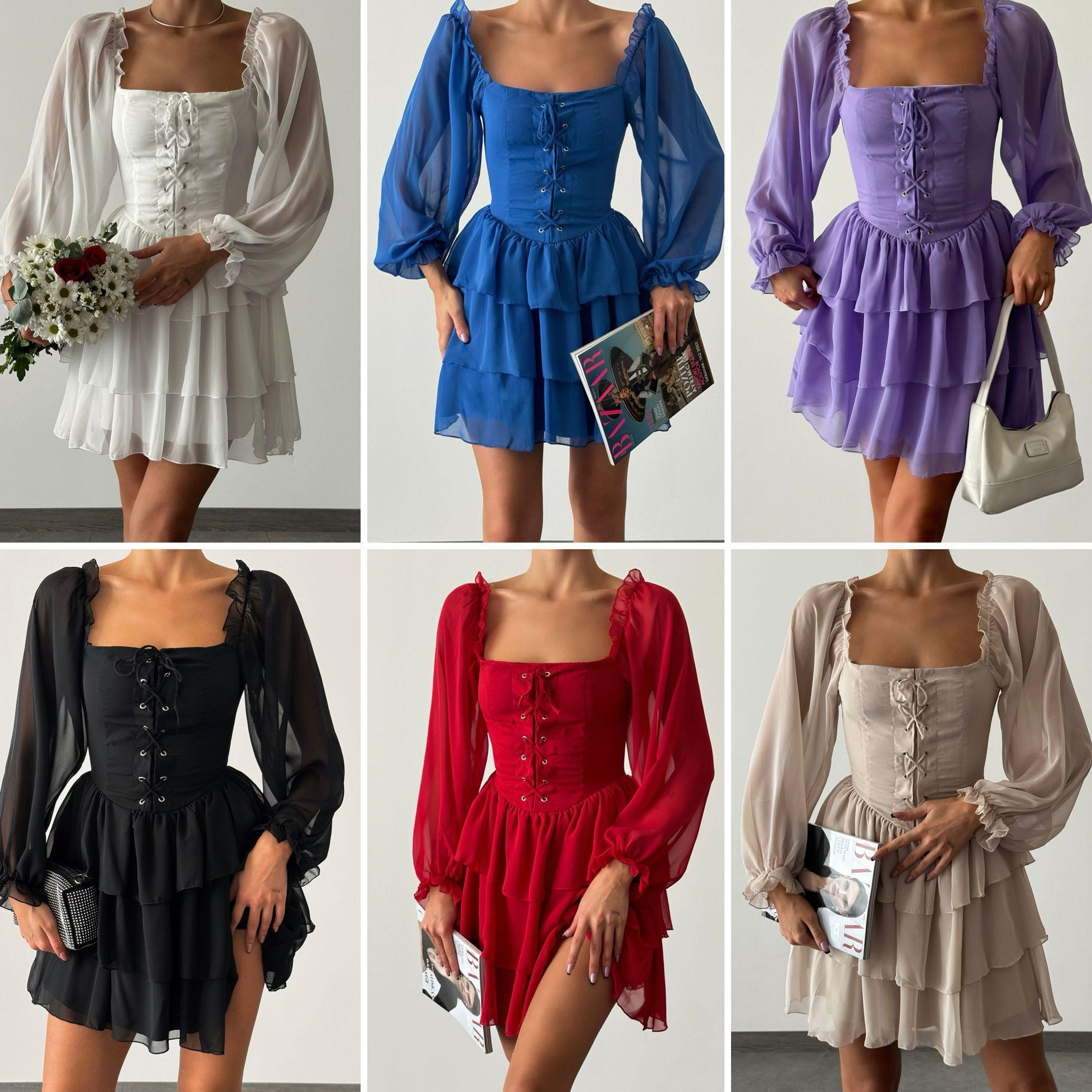 Şifon Kumaş Kat Etekli Göğüs Kuşgözü Detay Tasarım Elbise