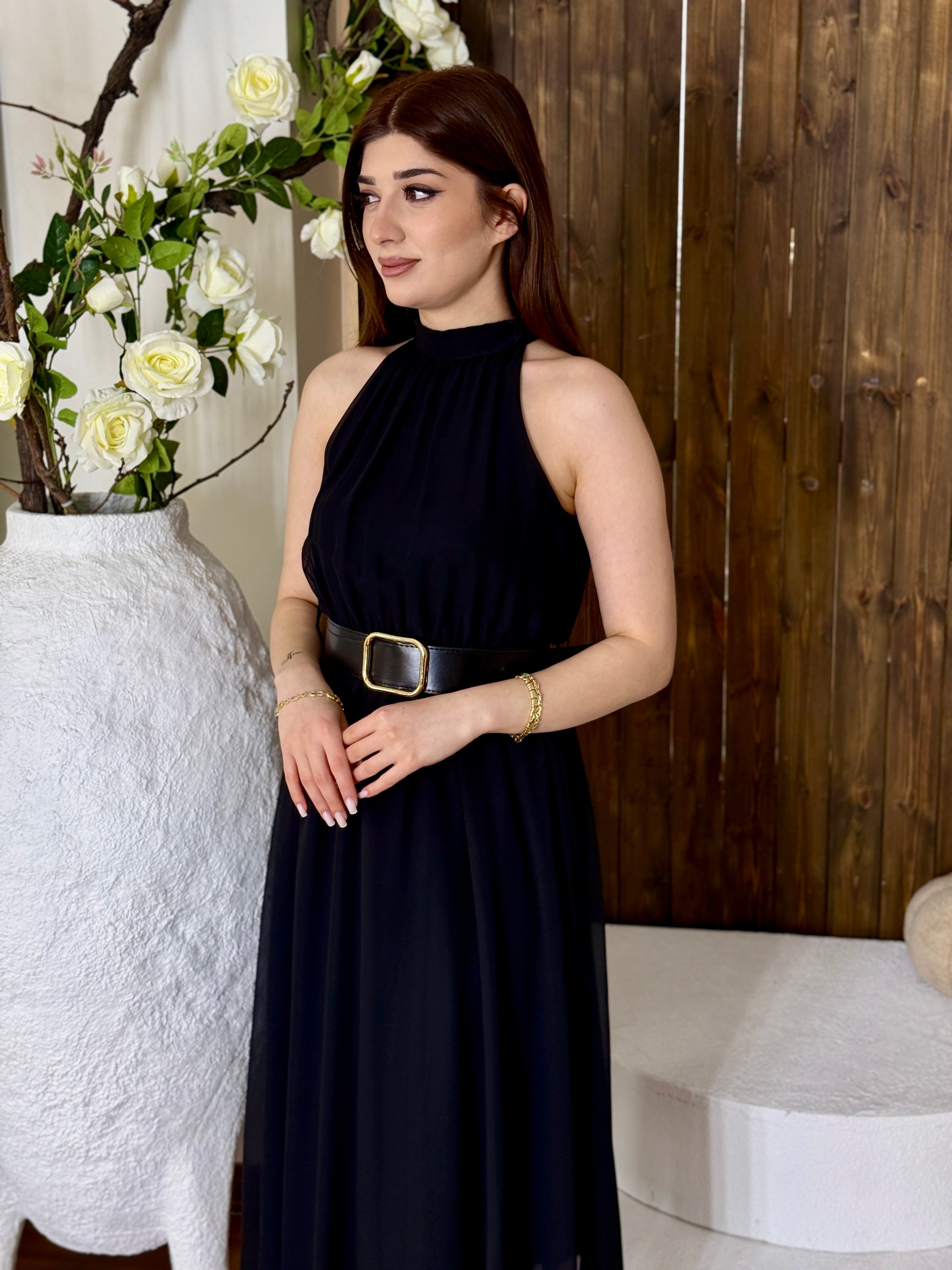 Şifon Kumaş Kemerli Midi Boy Elbise Siyah