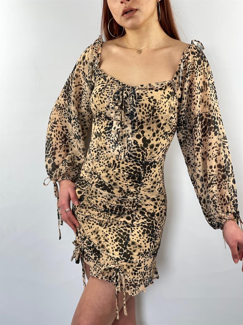 Şifon Kumaş Leopar Desen Bağlama Detaylı Elbisemiz