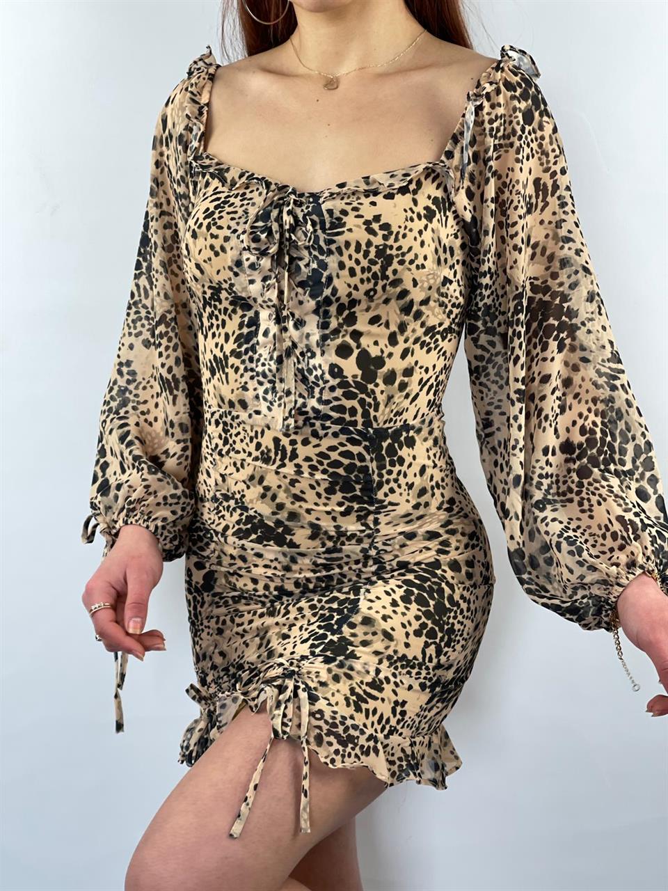 Şifon Kumaş Leopar Desen Bağlama Detaylı Elbisemiz