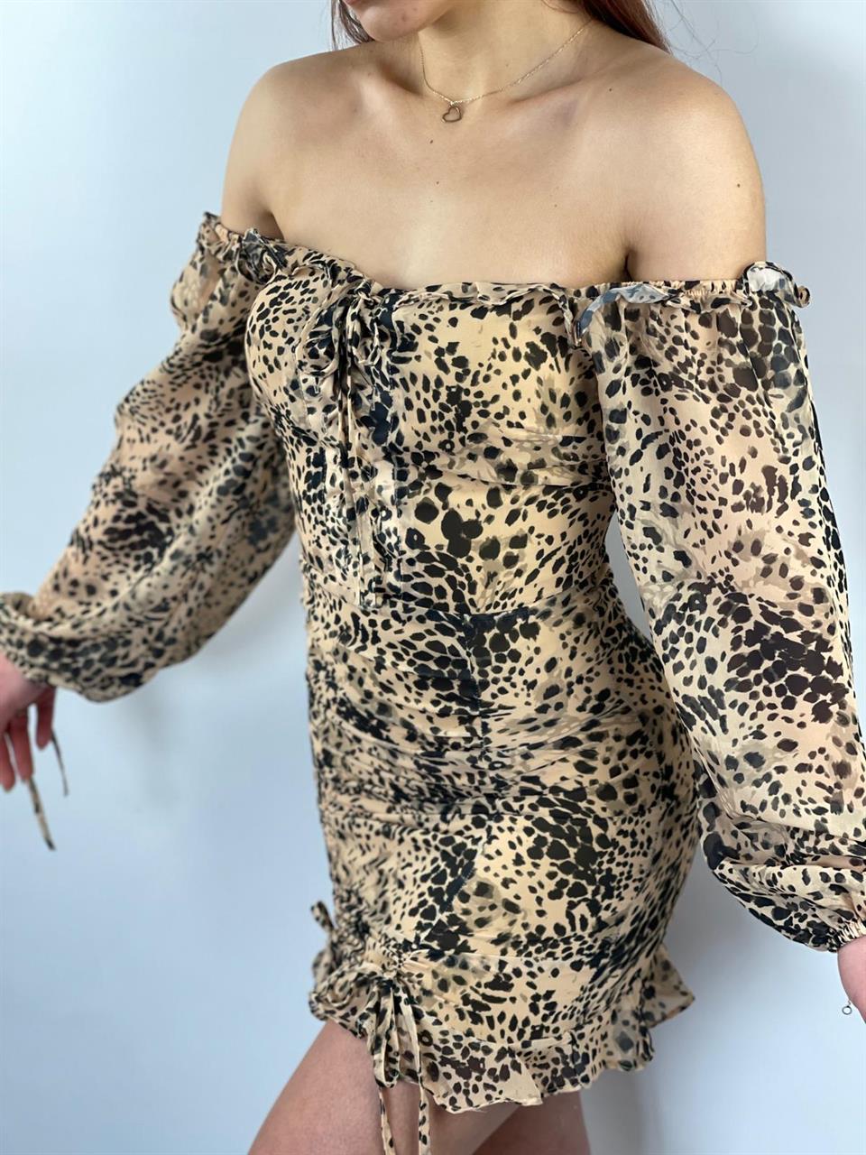 Şifon Kumaş Leopar Desen Bağlama Detaylı Elbisemiz