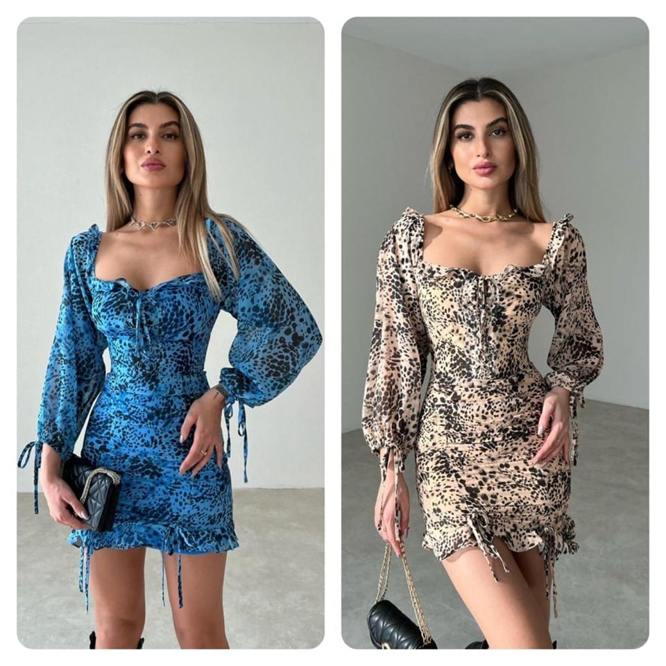 Şifon Kumaş Leopar Desen Bağlama Detaylı Elbisemiz